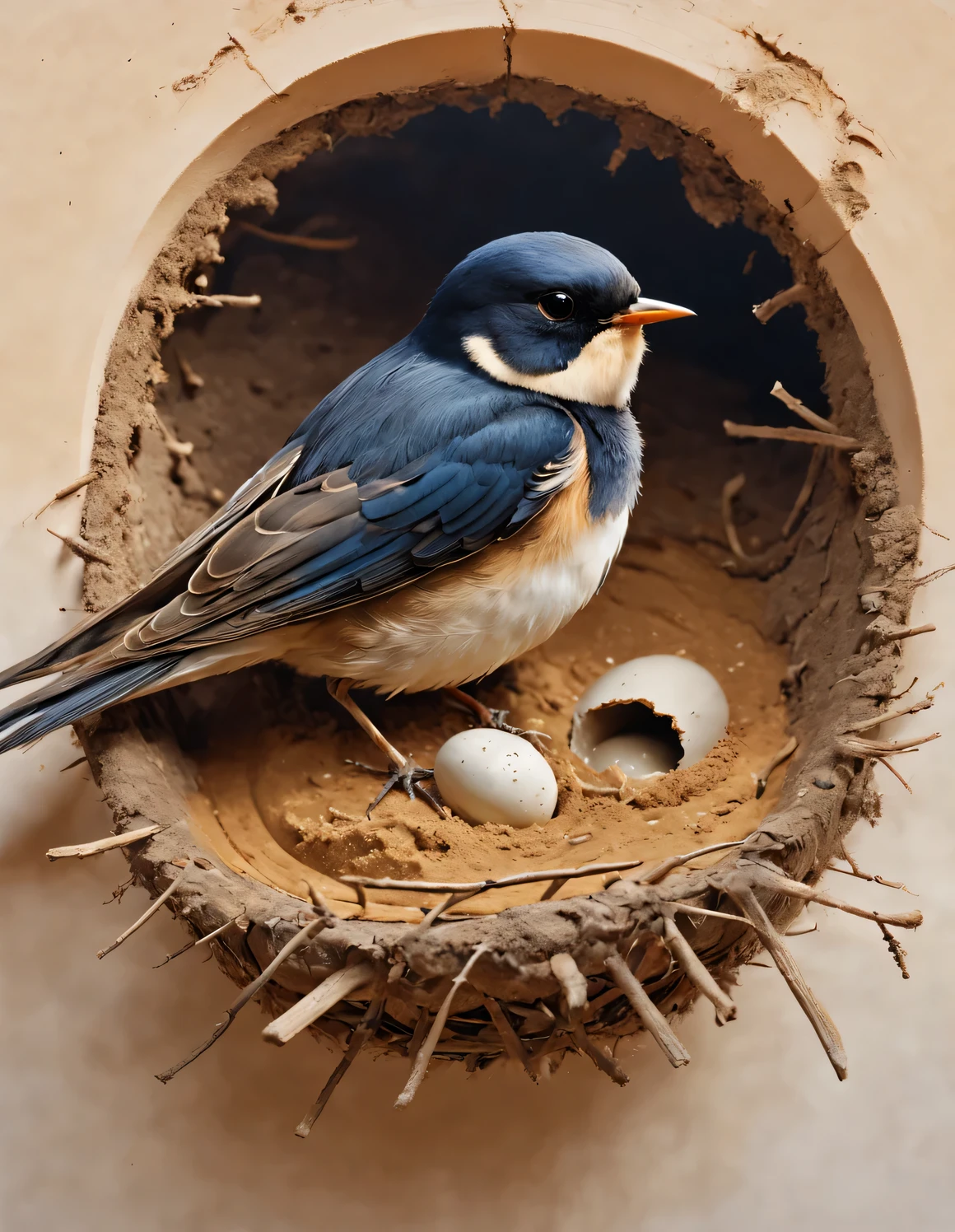 Gouache style, Beautiful detailed ,(Little swallows fly and build nests),The little swallow is busy picking up mud,The little mouth keeps opening and closing,The mud chunks picked up each time are not big..,Carefully place the mud blocks under the eaves,in the sun,The feathers of the little swallow shine with blue-black luster,Each piece is like a carefully polished gem,Exudes a charming light,
Nests are often found in human dwellings.,in the gaps between bridges and other buildings,Sometimes they also build nests in tree holes。The nest is mainly made of a mixture of mud and saliva,cup or disk,There are multiple chambers inside,Used for hatching eggs。The nest has a rough appearance,Color is gray or brown,It's smoother inside,The color is slightly lighter,background:White painted mud house