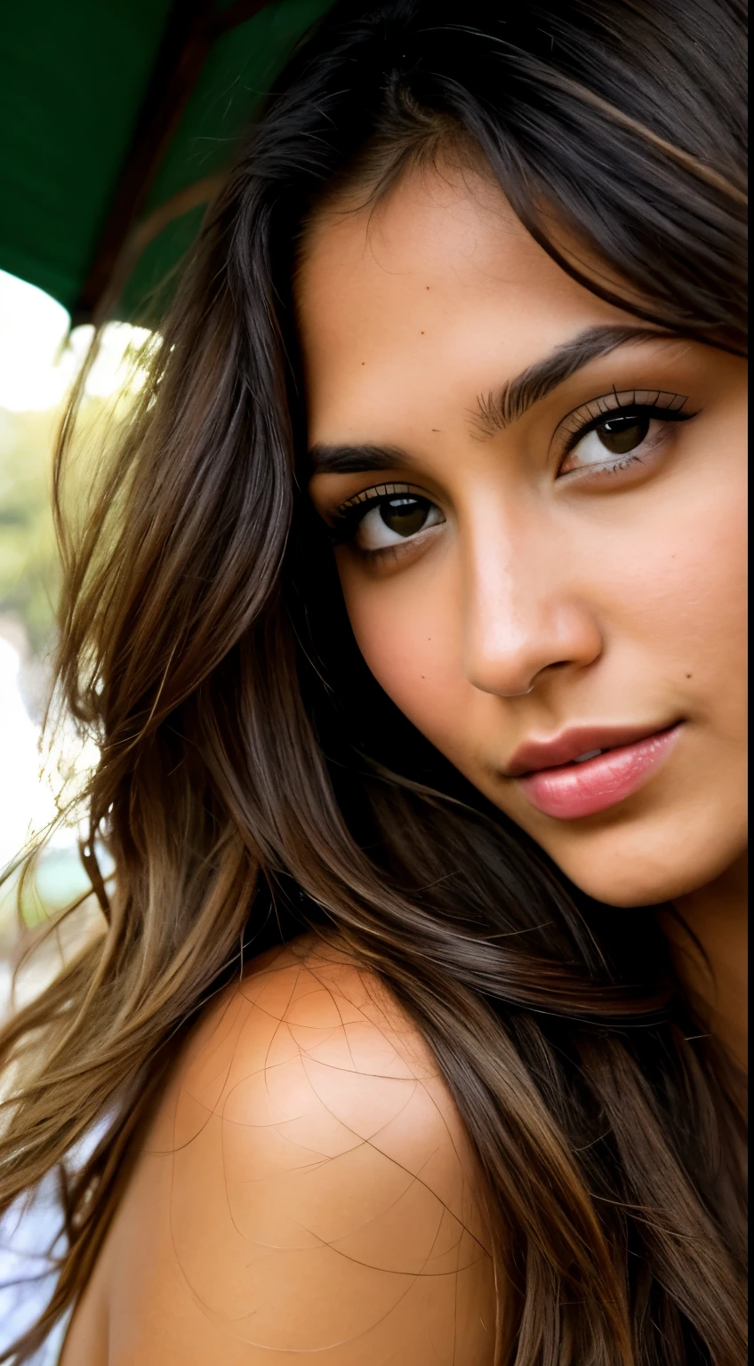Chica morena, pechos grandes, ojos verdes, hiperrealista 
