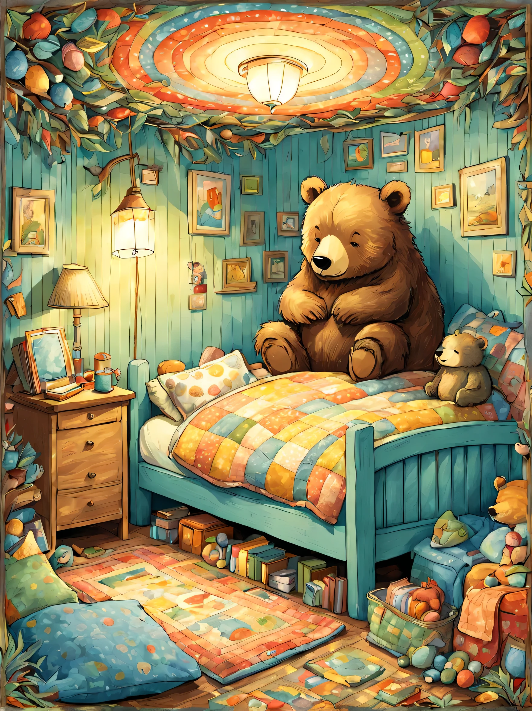 cuteAn illustration,underground:endures:In the hole,bear family:animal:hibernating:cute:nestle:sleep:comfortable and warm:looks happy,An illustration,pop,colorfulに,draw with thick lines,color,dim,lamp light,hibernatingのbear familyが眠っています:dream a happy dream,The nest is warm and full of happiness,,colorful,fancy,fantasy,Patchwork:comforter,Detailed details,fluffy,randolph caldecott style