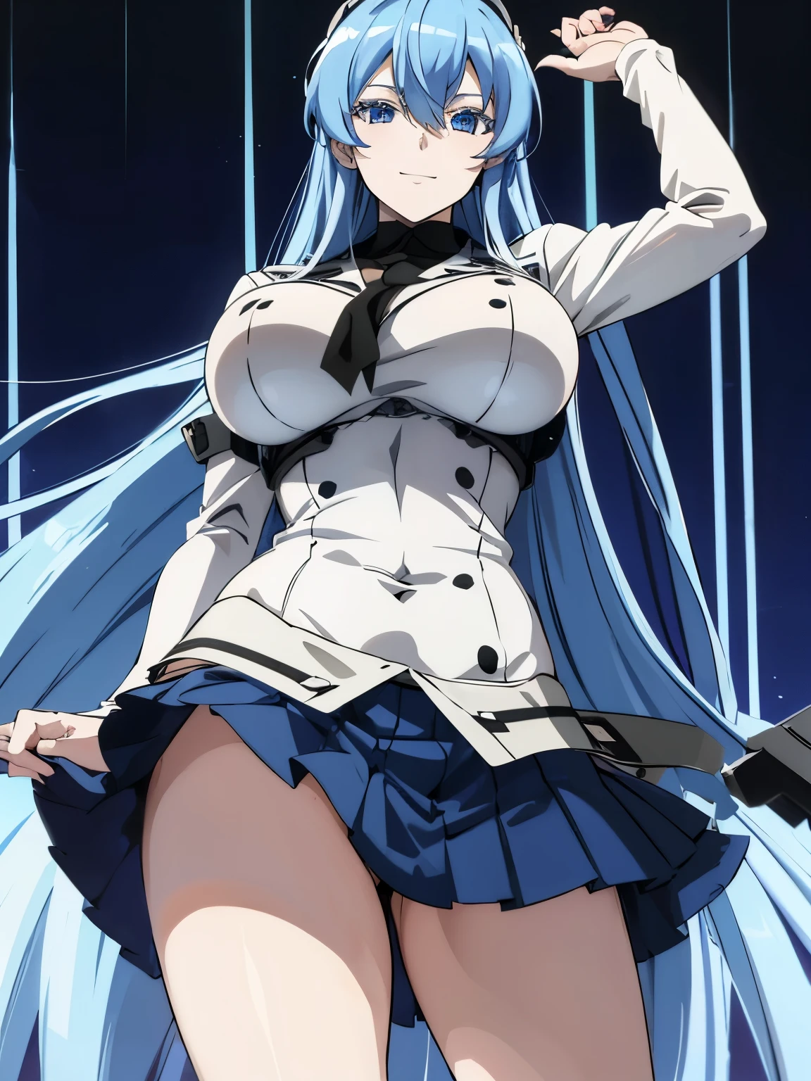 Esdeath, long blue hair, blue eyes, large ??????, curvy athletic body, short skirt, smiling, 