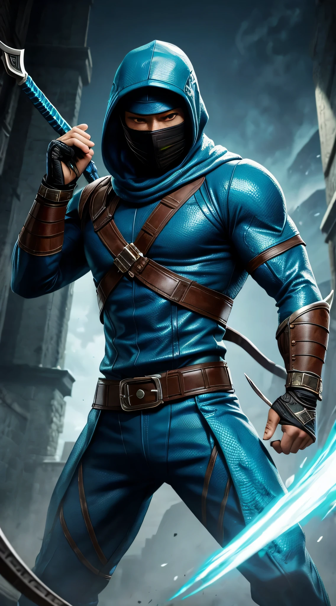 ((Daniel Wu)) as Chameleon from Mortal Kombat, (1boy), fighting standing, turquoise ninja outfit, (with reptilian motifs), (ninja mask covering his lower face), intricate, high detail, sharp focus, dramatic, photorealistic painting art by greg rutkowski