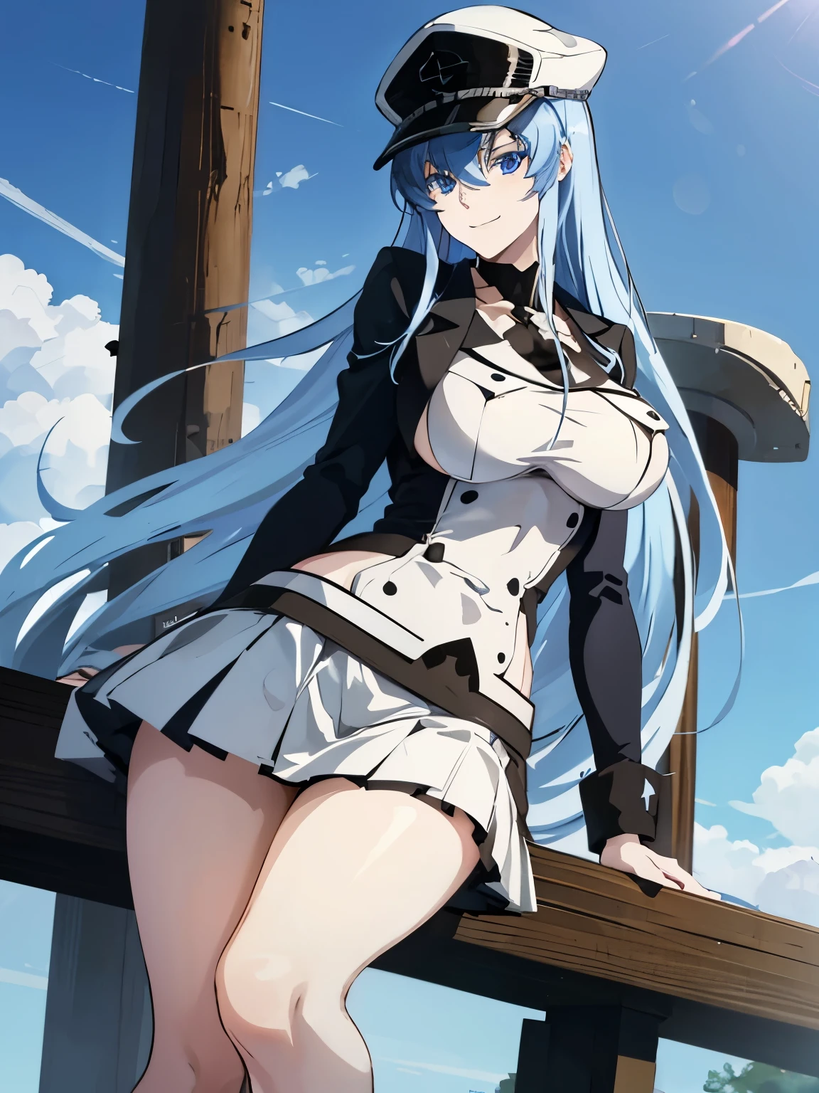 Esdeath, long blue hair, blue eyes, large breast, curvy athletic body, short skirt, smiling,
