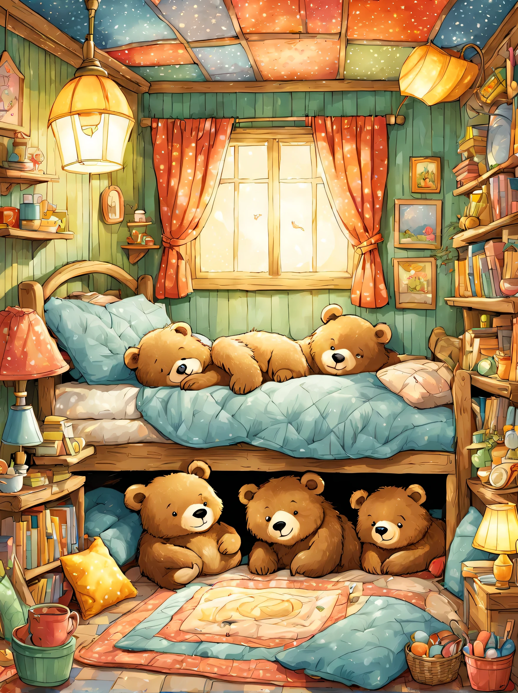 cuteAn illustration,underground:endures:In the hole,bear family:animal:hibernating:cute:nestle:sleep:comfortable and warm:looks happy,An illustration,pop,colorfulに,draw with thick lines,color,dim,lamp light,hibernatingのbear familyが眠っています:dream a happy dream,The nest is warm and full of happiness,,colorful,fancy,fantasy,Patchwork:comforter,Detailed details,fluffy,randolph caldecott style