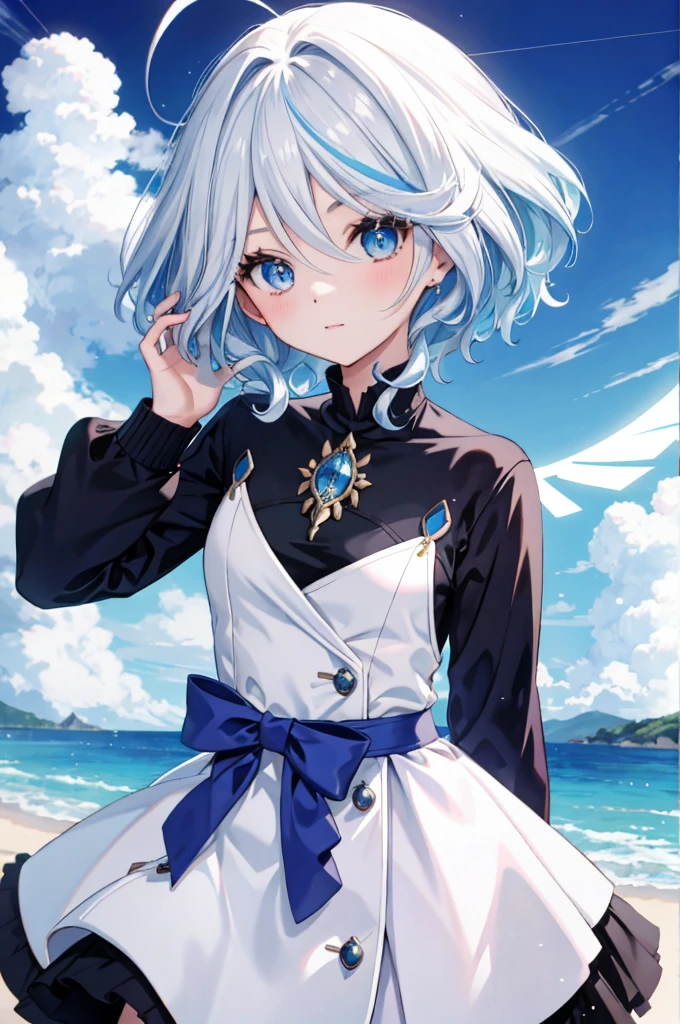 Furina  anime com cabelo branco e olhos azuis em um vestido branco, divindade de cabelos brancos, portrait girl, sweatshirt, Anime Girl with Cosmic Hair, com cabelo branco, cabelos brancos, Arte digital no Pixiv, Um retrato anime de Cirno, trending on artstation pixiv, perfeita de cabelos brancos, cabelos brancos, Um retrato de uma de olhos azuis