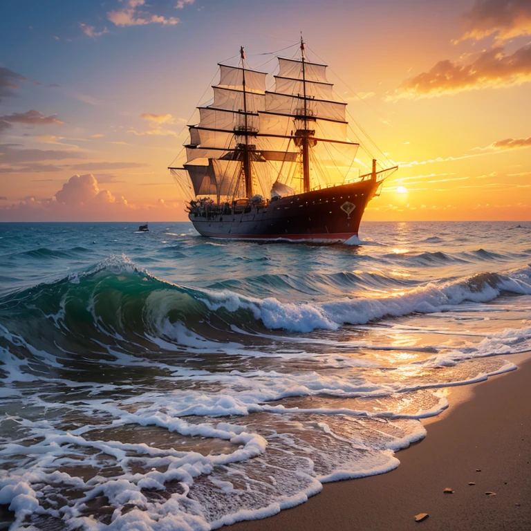 A narrow view of the sea in the evening with a large sunset and a junk ship.