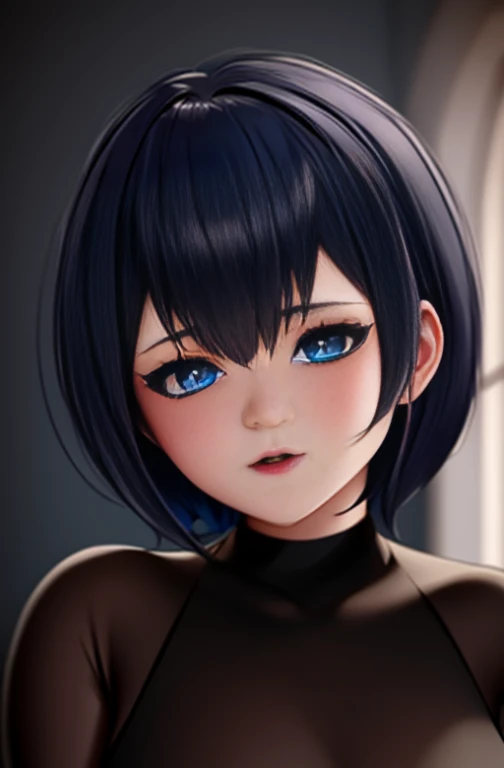 (best quality, 12k resolution, ultra-detailed), portraits, beautiful face, beautiful blue eyes, short hair with bangs, gothic makeup, provocative pose, curvy figure, porcelain skin, elegant background, dramatic lighting, vibrant colors.