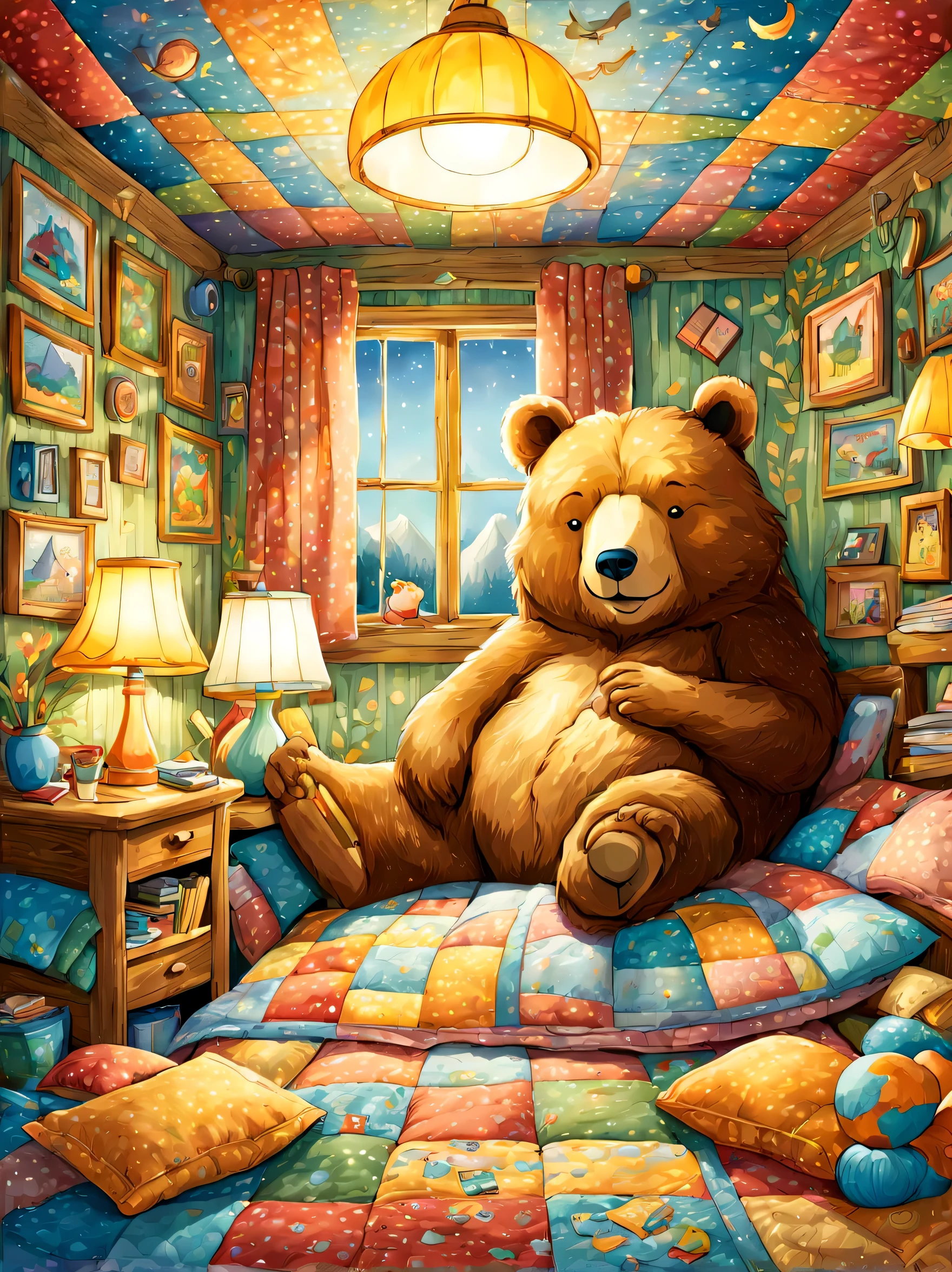 cuteAn illustration,underground:endures:In the hole,bear family:animal:hibernating:cute:nestle:sleep:comfortable and warm:looks happy,An illustration,pop,colorfulに,draw with thick lines,color,dim,lamp light,hibernatingのbear familyが眠っています:dream a happy dream,The nest is warm and full of happiness,,colorful,fancy,fantasy,Patchwork:comforter,Detailed details,fluffy,randolph caldecott style