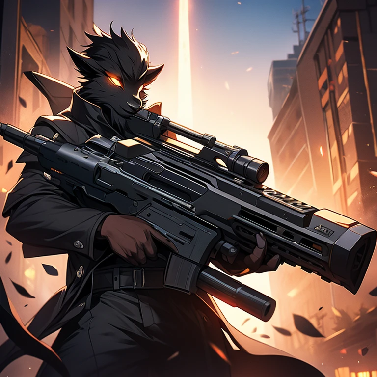 Black goat with a huge black gun