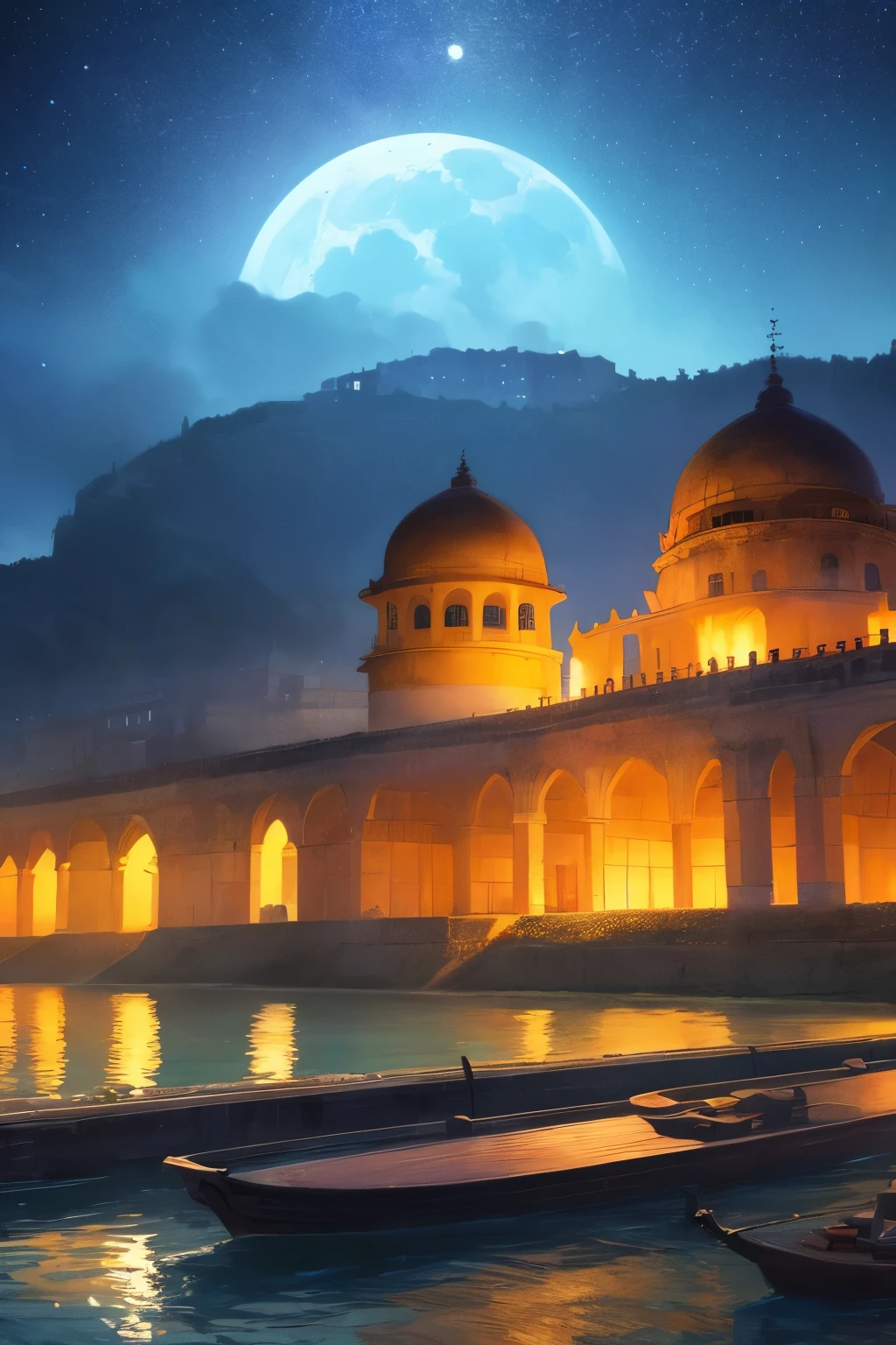 Capture the enchanting night lights of Ayodhya's cityscape, showcasing the perfect fusion of ancient spirituality and modernity. The masterpiece illustration depicts a panoramic view of the city, rendered in high definition with an ultra-wide lens. The classical Chinese style scenery, with its meticulously detailed features, transports the viewer to a realm where the past seamlessly merges with the present. The national style landscape, illuminated by the soft glow of the moon and shimmering stars, exudes a captivating visual treat. The ethereal scene is further enhanced by the mesmerizing sight of fireflies dancing near a tranquil lake, creating a sense of serenity and tranquility. The artist's intricate brushstrokes and precise attention to detail bring the city to life, capturing every intricate