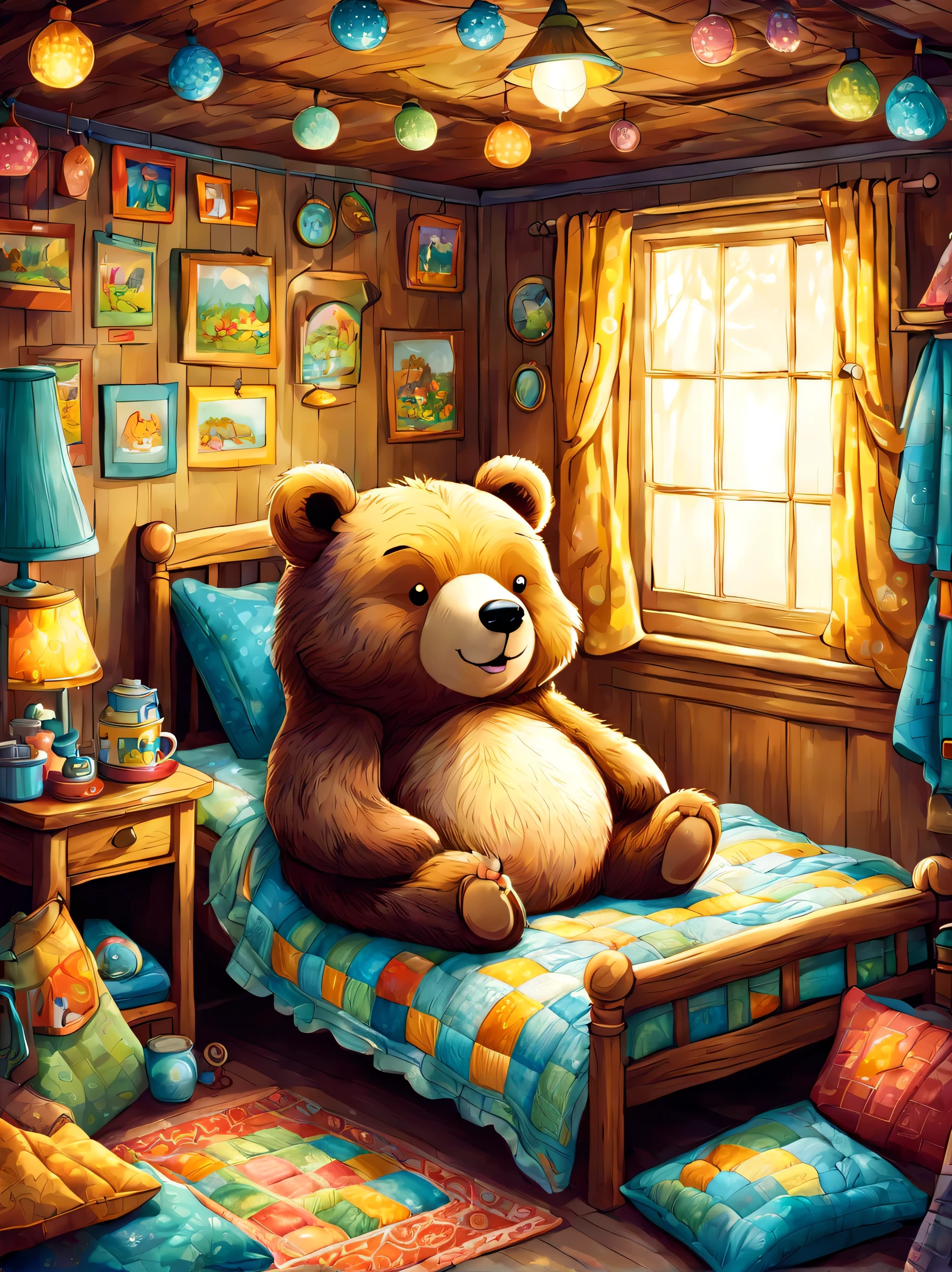 cuteAn illustration,underground:endures:In the hole,bear family:animal:hibernating:cute:nestle:sleep:comfortable and warm:looks happy,An illustration,pop,colorfulに,draw with thick lines,color,dim,lamp light,hibernatingのbear familyが眠っています:dream a happy dream,The nest is warm and full of happiness,,colorful,fancy,fantasy,Patchwork:comforter,Detailed details,fluffy,randolph caldecott style