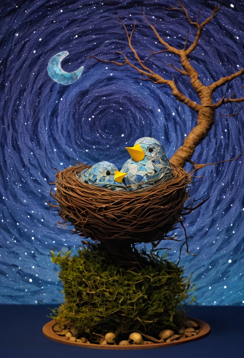 a newborn bird, the bird is abnormally fat and the nest is located in a bonsai, the nest breaks due to the weight of the chick and the chick falls, in a pot, surreal, funny, comic, starry sky, zentangle, origami, cinematic, emotional, epic, vincent van gogh,....by my self...lol