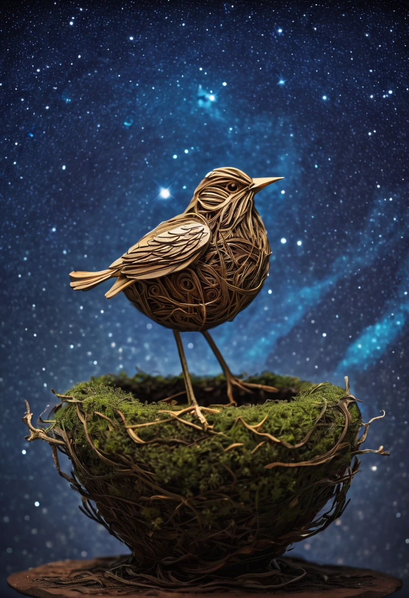a newborn bird, the bird is abnormally fat and the nest is located in a bonsai, the nest breaks due to the weight of the chick and the chick falls, in a pot, surreal, funny, comic, starry sky, zentangle, origami, cinematic, emotional, epic, vincent van gogh,....by my self...lol