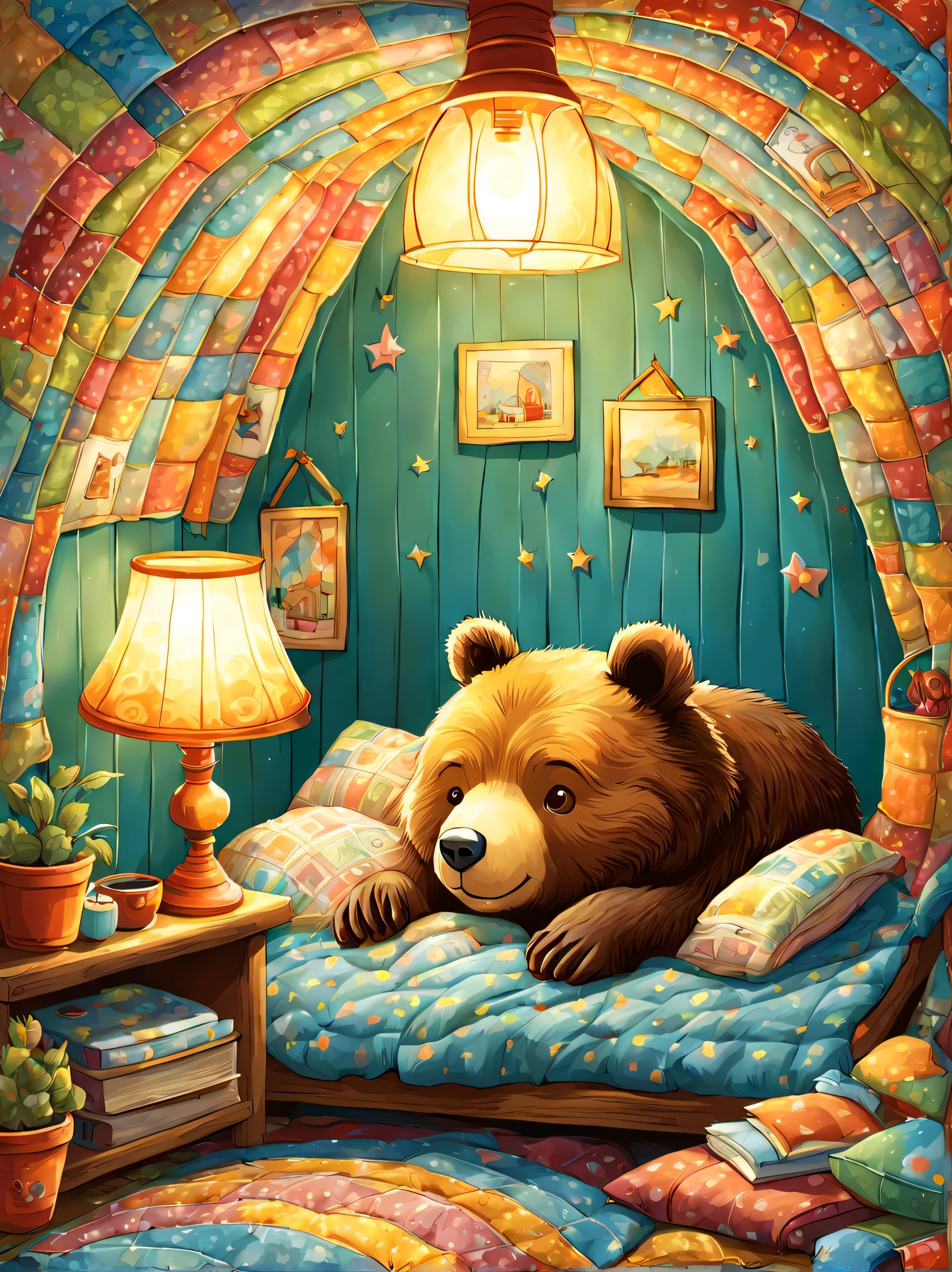 cuteAn illustration,underground:endures:In the hole,bear family:animal:hibernating:cute:nestle:sleep:comfortable and warm:looks happy,An illustration,pop,colorfulに,draw with thick lines,color,dim,lamp light,hibernatingのbear familyが眠っています:dream a happy dream,The nest is warm and full of happiness,,colorful,fancy,fantasy,Patchwork:comforter,Detailed details,fluffy,randolph caldecott style