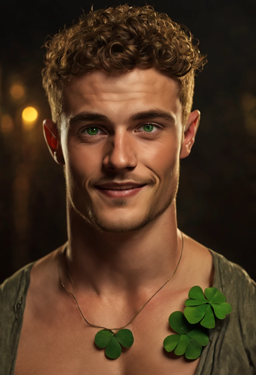 Solo, male focus, (masterpiece, ultra quality, high resolution, 8k, intricate: 1.2), (detailed face:1.2), handsome, Young Irish man, green eyes, flirtingly winking, detailed skin, cinematic studio lighting, 1boy, ((ultrarealistic)), (holding a shamrock clover), shirtless, faint rainbow arch in the background, 