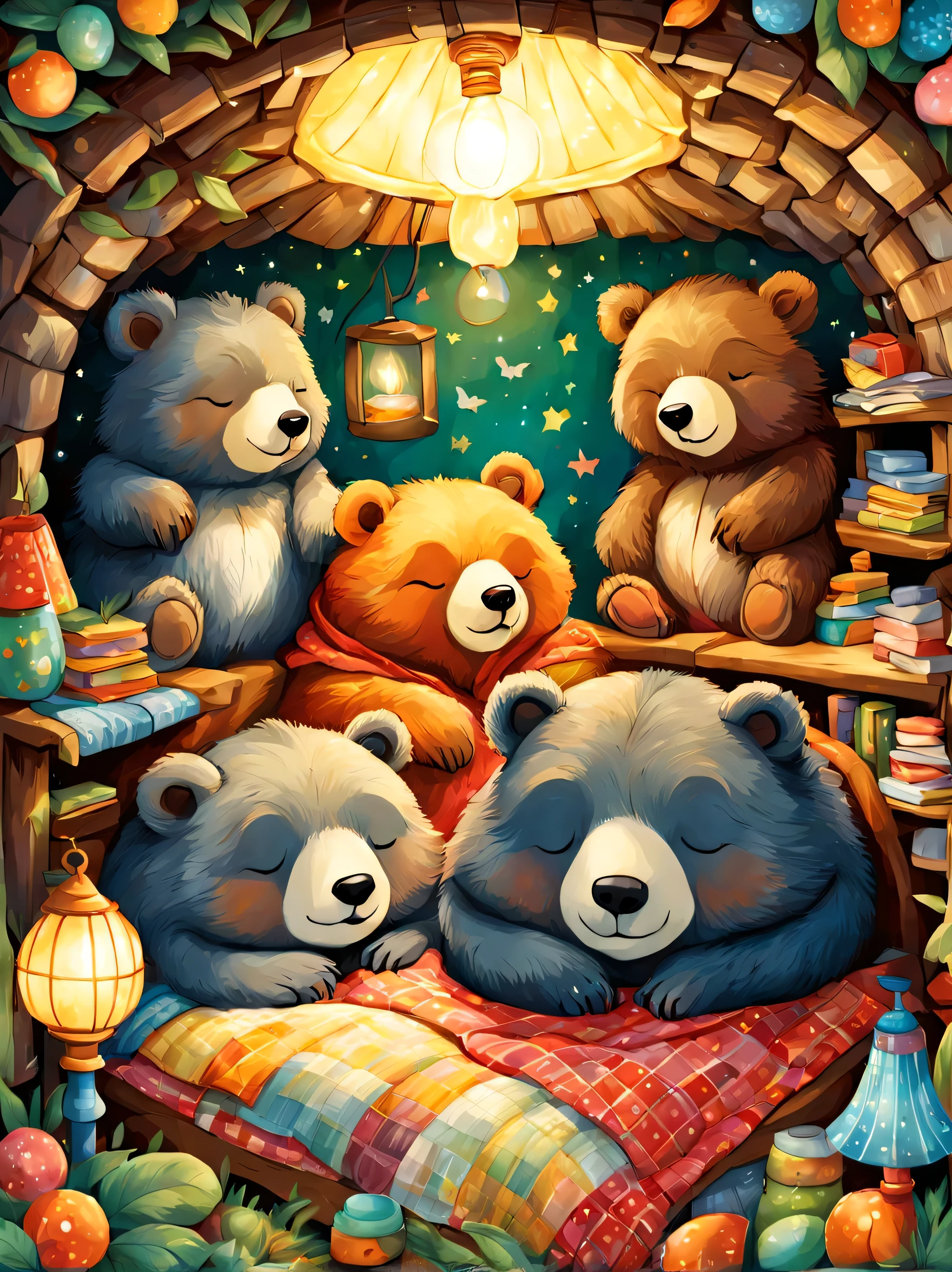 cuteAn illustration,underground:endures:In the hole,bear family:animal:hibernating:cute:nestle:sleep:comfortable and warm:looks happy,An illustration,pop,colorfulに,draw with thick lines,color,dim,lamp light,hibernatingのbear familyが眠っています:dream a happy dream,The nest is warm and full of happiness,,colorful,fancy,fantasy,Patchwork:comforter,Detailed details,fluffy,randolph caldecott style