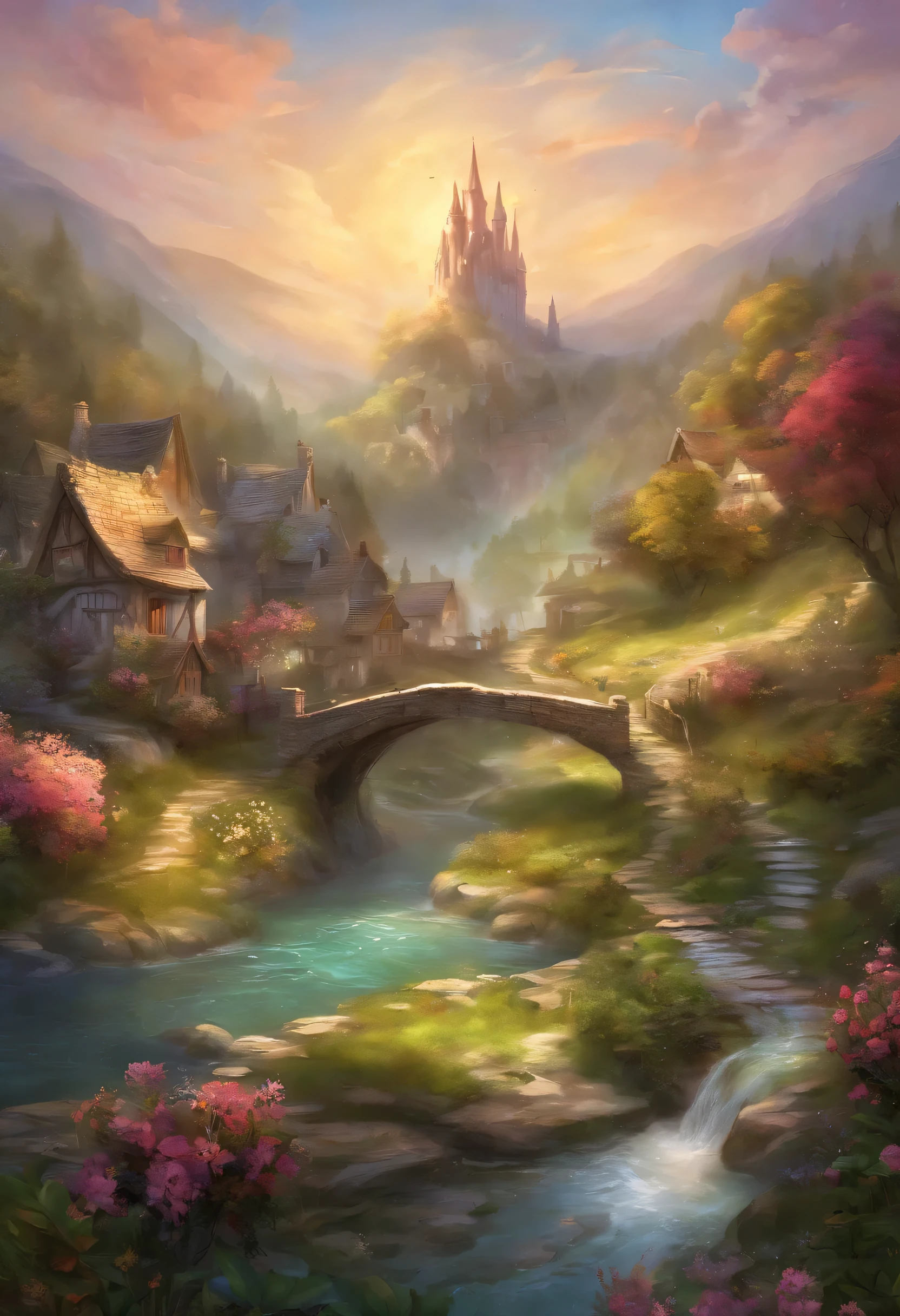 village, flower, forest, fantasy, Medieval, stream, bridge