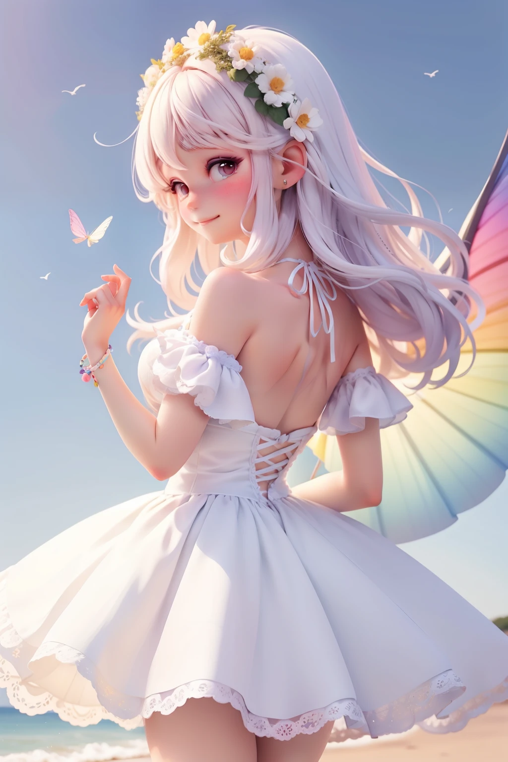  multicolor, fly away, delicate and large clothes, tons pastel multicolor, Sweet and delicate smile,  whole body, olhos delicados e  cabelos multicolor, simple white back ground