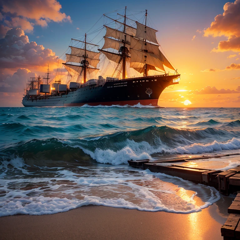 A narrow view of the sea in the evening with a large sunset and a junk ship.