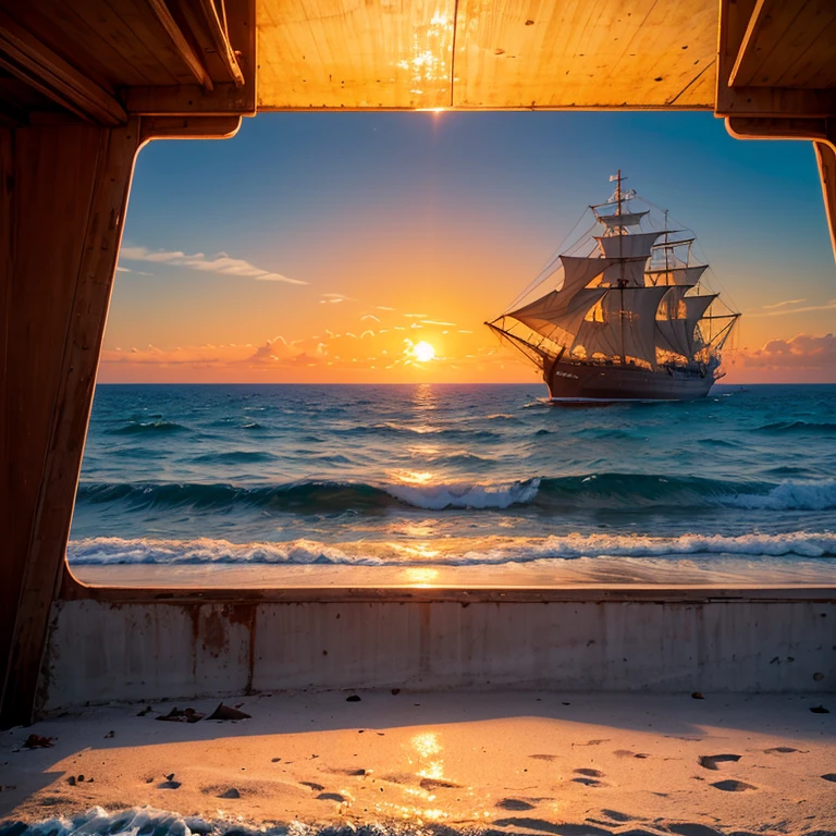 A narrow view of the sea in the evening with a large sunset and a junk ship.