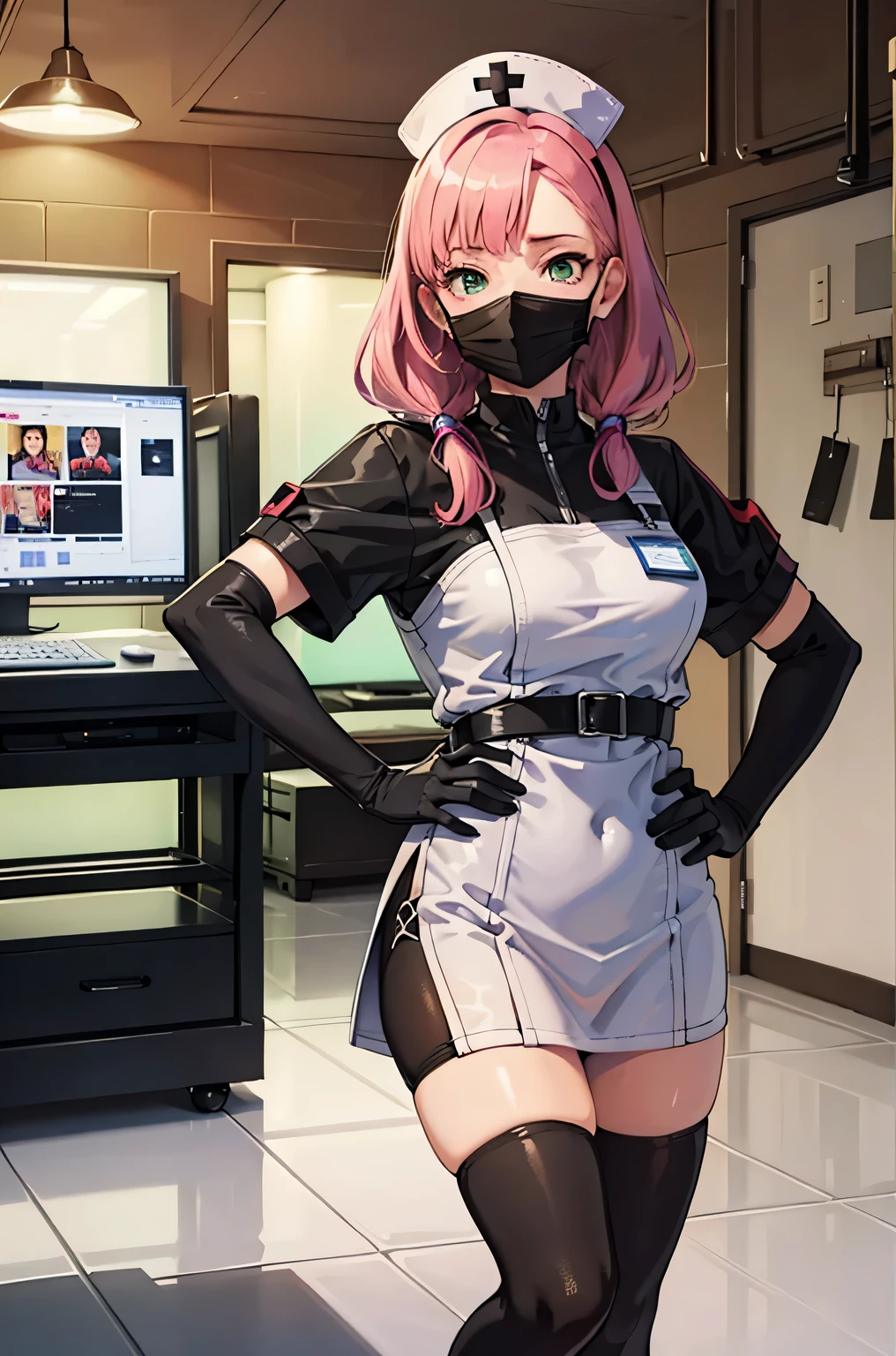 black nurse, 1 female, alone, black nurse cap, Black Wear, ((black legwear, zettai ryouiki)), black elbow gloves, pink hair, green eyes, droopy eyes, ((Black surgical mask, Covered nose)), Are standing, ((operating room)), sharp outline, short sleeve, mature woman, 32 years old, highest quality, masterpiece