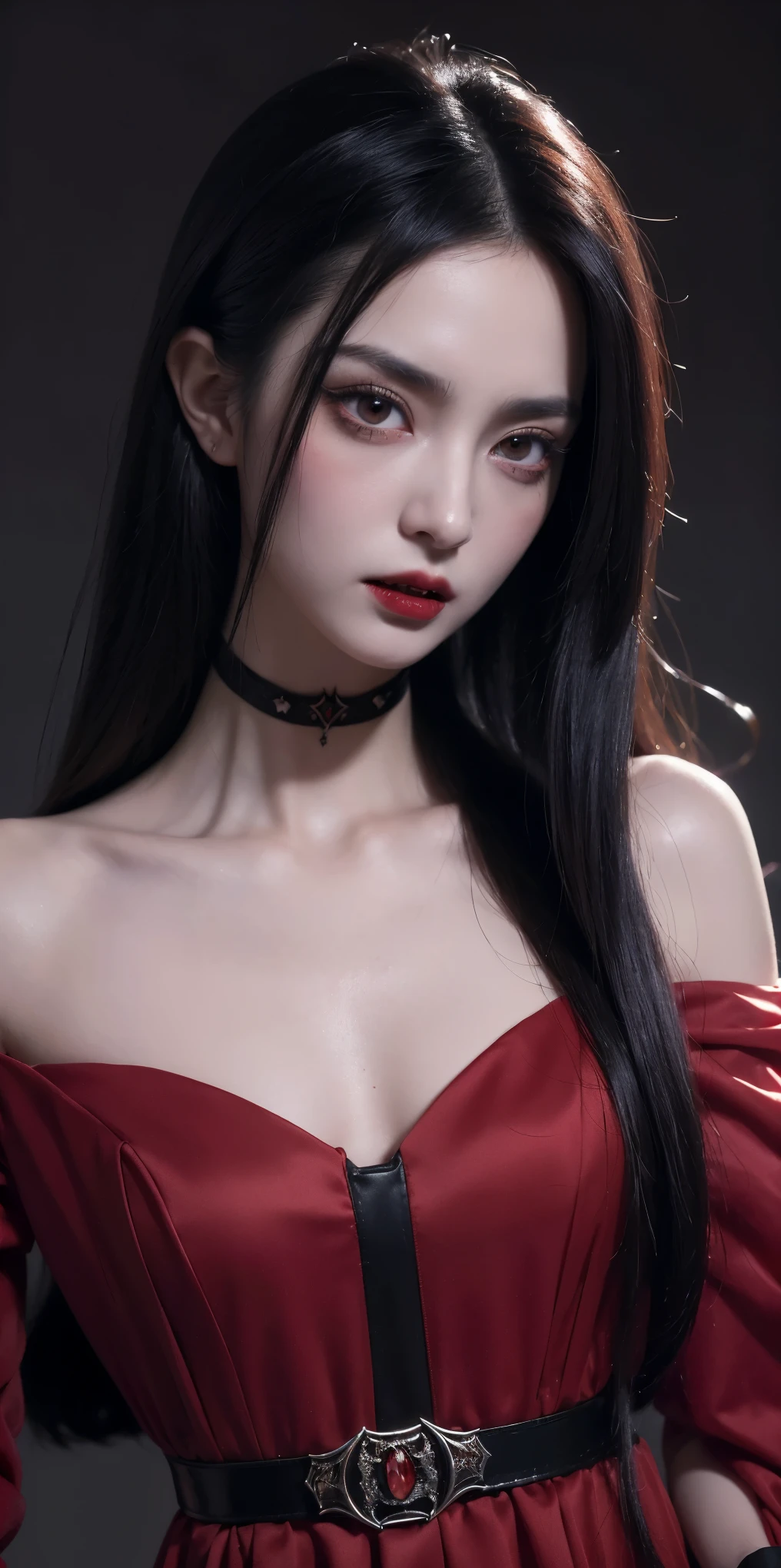  ((top quality, 8 thousand, masterpiece:1.3)) Korean woman, disorderly,receive the light,(black ponytail), dark eyeshadow, black lipstick, Gothic makeup, (Smudged makeup: 1.3), beautiful and delicate hair,delicate red pupils, (huge tits: 1.7) , In a dark cave, Red tattoo, very pale skin, Smudged makeup, indifferent expression, red circle lenses, goth style clothes, monochrome, (smeared eye line: 1.6)