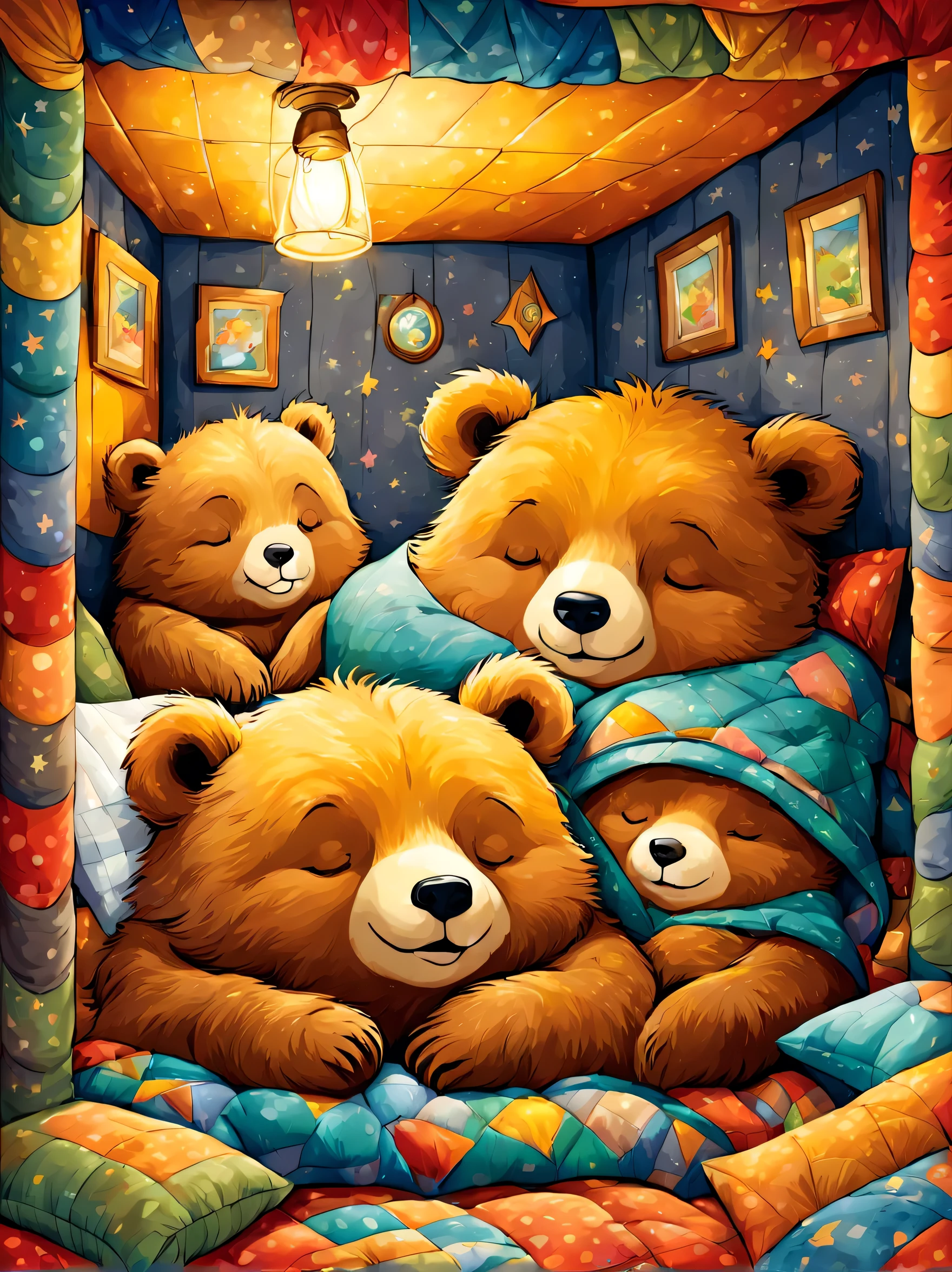 cuteAn illustration,underground:endures:In the hole,bear family:animal:hibernating:cute:nestle:sleep:comfortable and warm:looks happy,An illustration,pop,colorfulに,draw with thick lines,color,dim,lamp light,hibernatingのbear familyが眠っています:dream a happy dream,The nest is warm and full of happiness,,colorful,fancy,fantasy,Patchwork:comforter,Detailed details,fluffy,randolph caldecott style