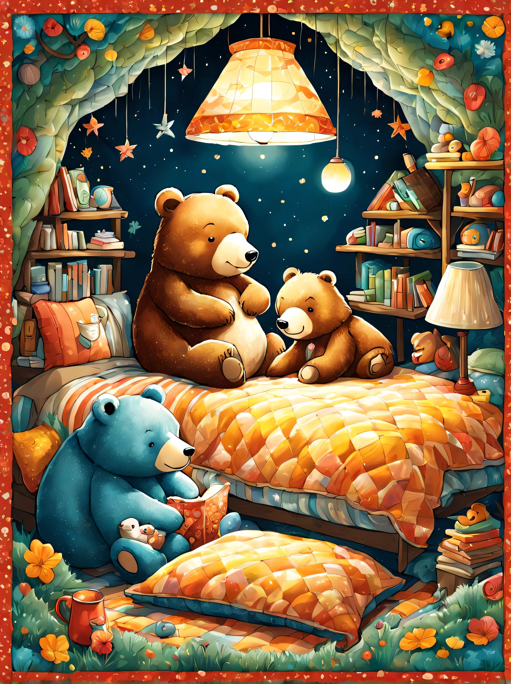 cuteAn illustration,underground:endures:In the hole,bear family:animal:hibernating:cute:nestle:sleep:comfortable and warm:looks happy,An illustration,pop,colorfulに,draw with thick lines,color,dim,lamp light,hibernatingのbear familyが眠っています:dream a happy dream,The nest is warm and full of happiness,,colorful,fancy,fantasy,Patchwork:comforter,Detailed details,fluffy,randolph caldecott style