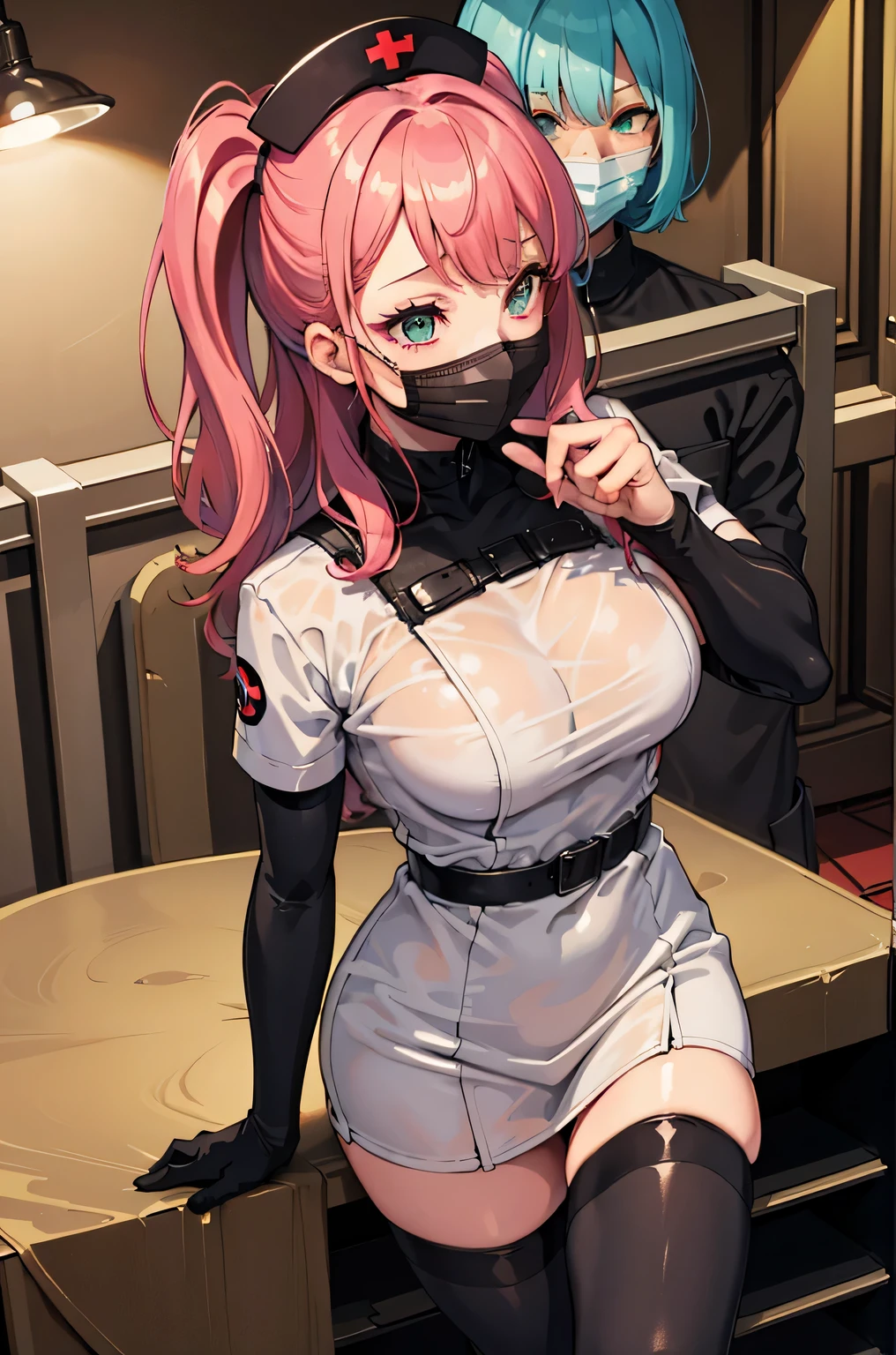 black nurse, 1 female, alone, black nurse cap, Black Wear, ((black legwear, zettai ryouiki)), black elbow gloves, pink hair, green eyes, droopy eyes, ((Black surgical mask, Covered nose)), Are standing, ((operating room)), sharp outline, short sleeve, mature woman, 32 years old, highest quality, masterpiece