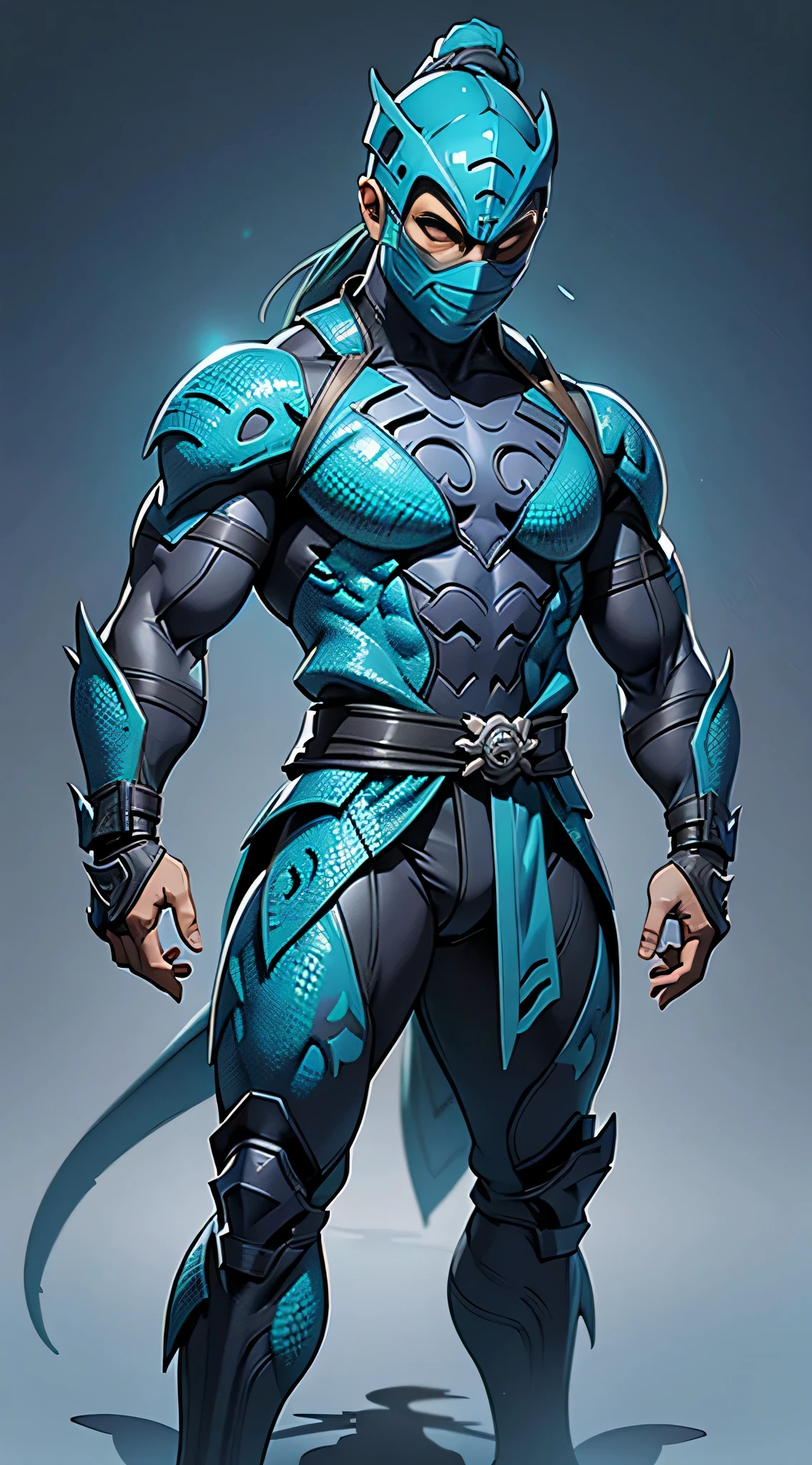 ((Daniel Wu)) as Chameleon from Mortal Kombat, (1boy), fighting standing, turquoise ninja outfit, (with reptilian motifs), (ninja mask covering his lower face), intricate, high detail, sharp focus, dramatic, photorealistic painting art by greg rutkowski