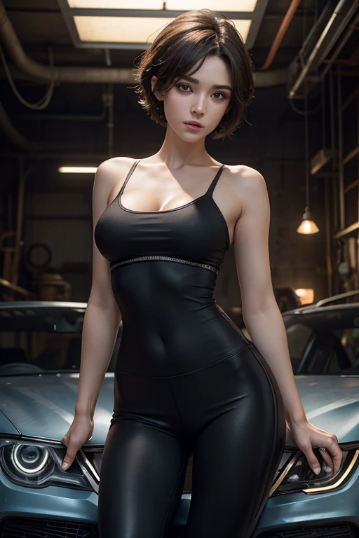 (masterpiece), (best quality), wide angle shooting, (oil painting), beautiful, sexy female mechanic, short hair, round eyes, detailed face, repairing a car, (workshop wearpack, naked chest, Thin leggings) , cleavage, big thighs, cowboy shot, background, auto repair shop, unreal machine , tool kit, equipment repair shop, depth of field, highly detailed, realistic, photoreal, (intricate detail), octane rendering, uhd, 8k