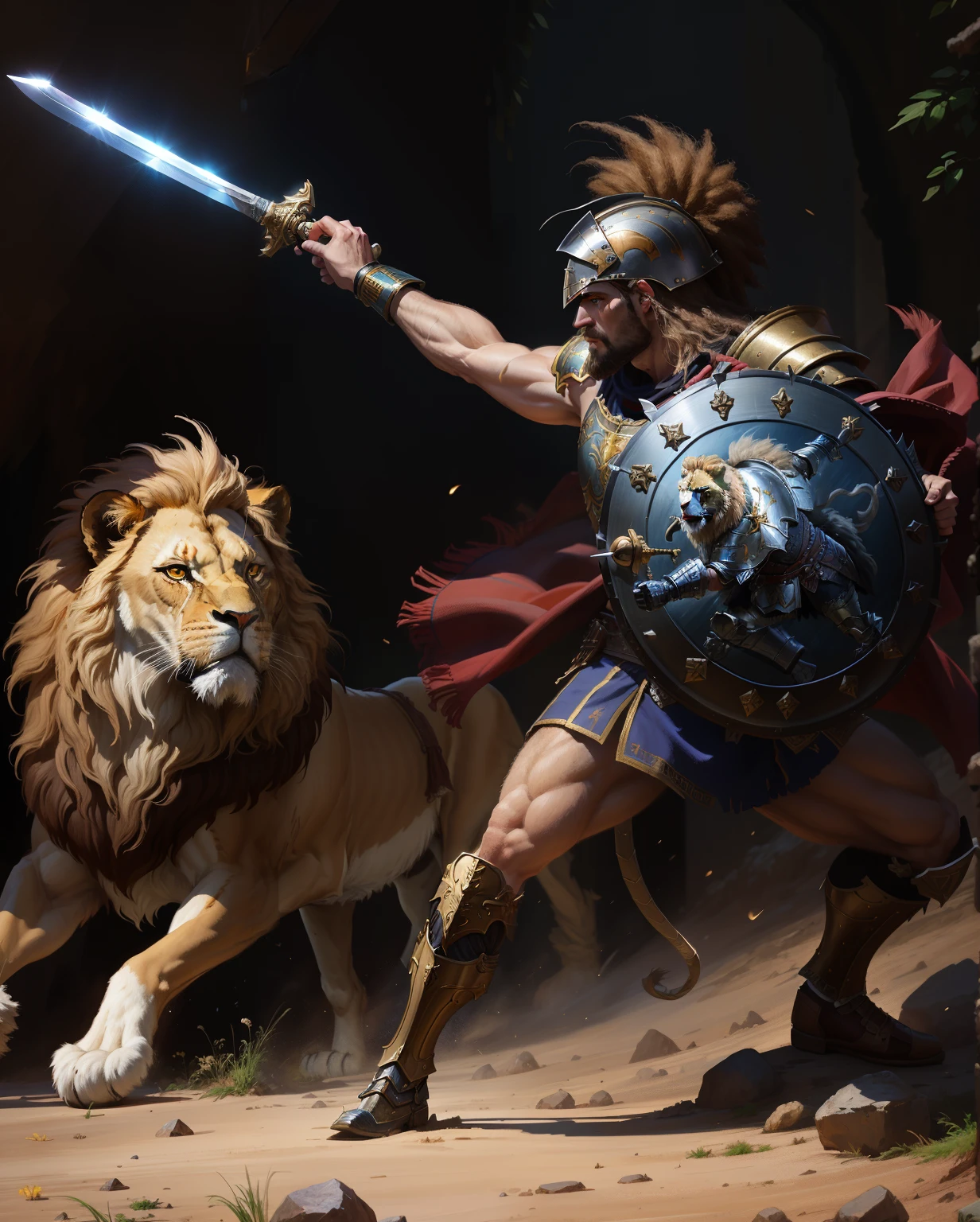 painting of a man in armor holding a sword and a lion, lion warrior, painting of goliath, award - winning epic painting, by Roman Bezpalkiv, tuomas korpi and wlop, by Karl Kopinski, warrior fighting in a dark scene, gabriele dell'otto, by Tadeusz Pruszkówski, greg manchess