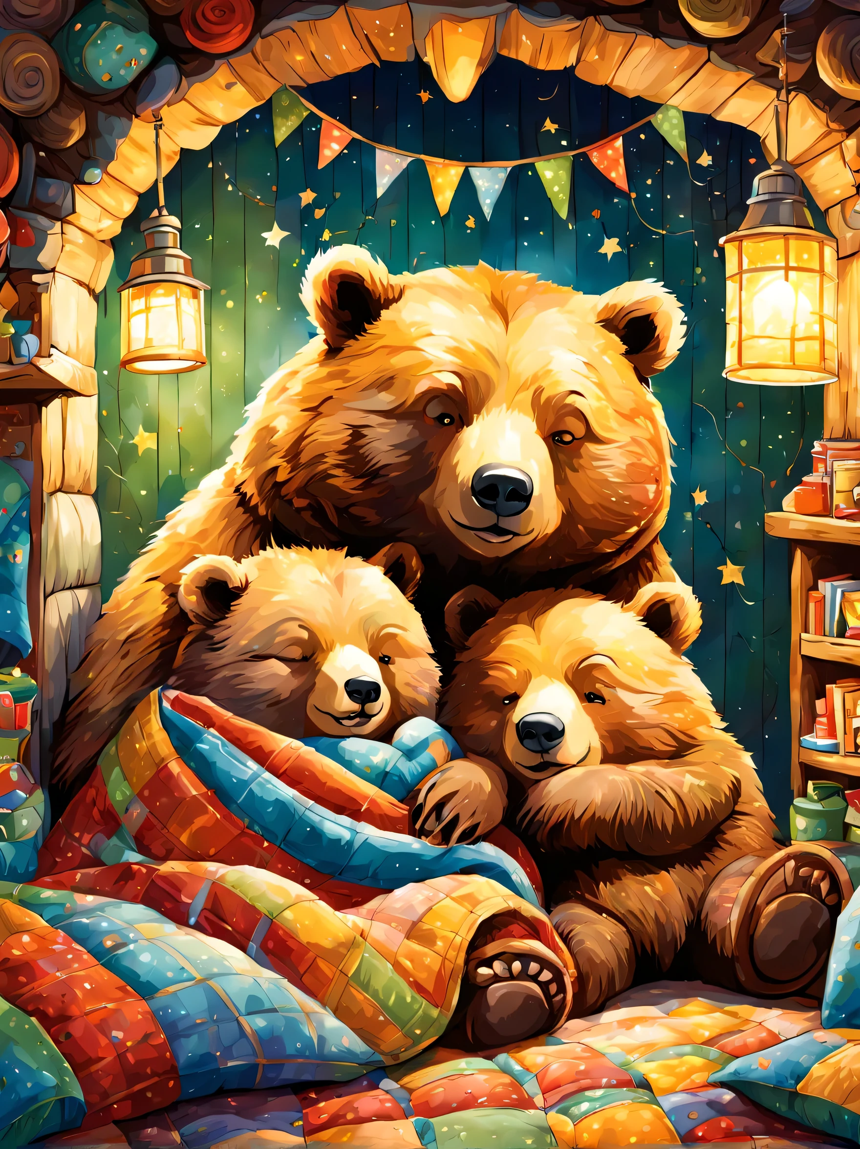 cuteAn illustration,underground:endures:In the hole,bear family:animal:hibernating:cute:nestle:sleep:comfortable and warm:looks happy,An illustration,pop,colorfulに,draw with thick lines,color,dim,lamp light,hibernatingのbear familyが眠っています:dream a happy dream,The nest is warm and full of happiness,,colorful,fancy,fantasy,Patchwork:comforter,Detailed details,fluffy,randolph caldecott style