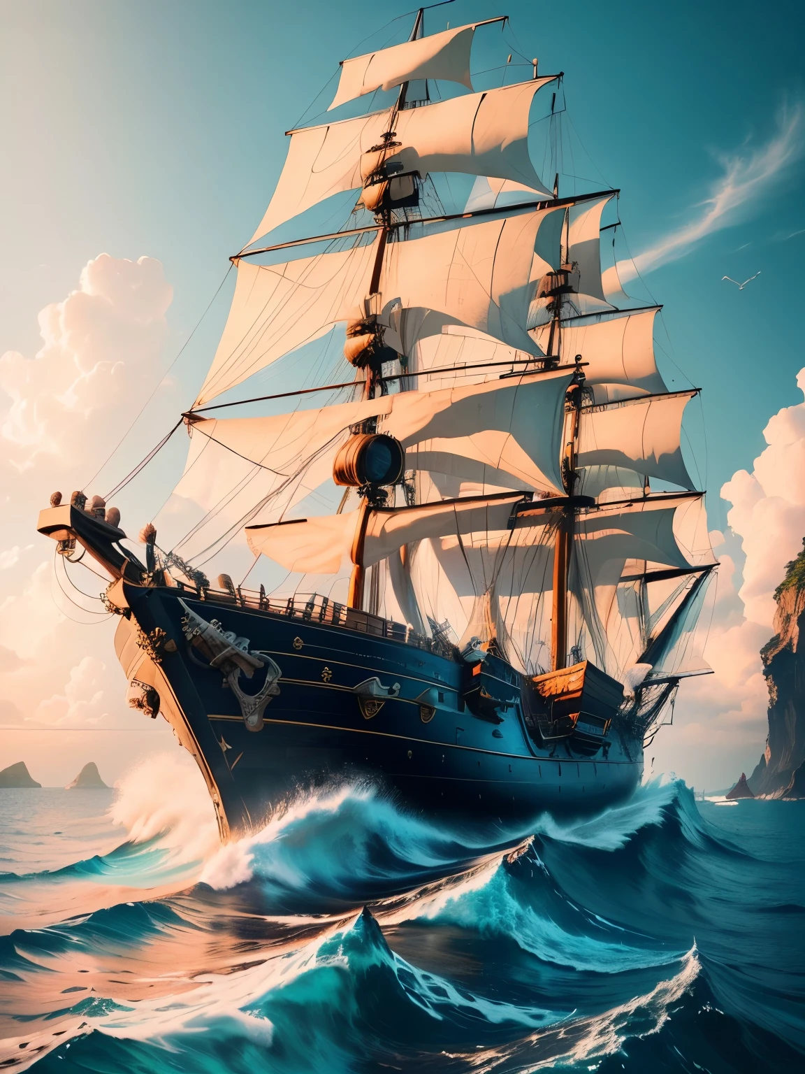 pirate ship sailing in the ocean near a rocky island, 4k highly detailed digital art, sailing ship, amazing wallpaper, ships with sails, old pirate ship, detailed painting 4 k, sailing ships, 8k high quality detailed art, ships with sails underneath, on a pirate ship background, 4 k hd wallpaper very detailed, 4k detailed digital art, pirate ship