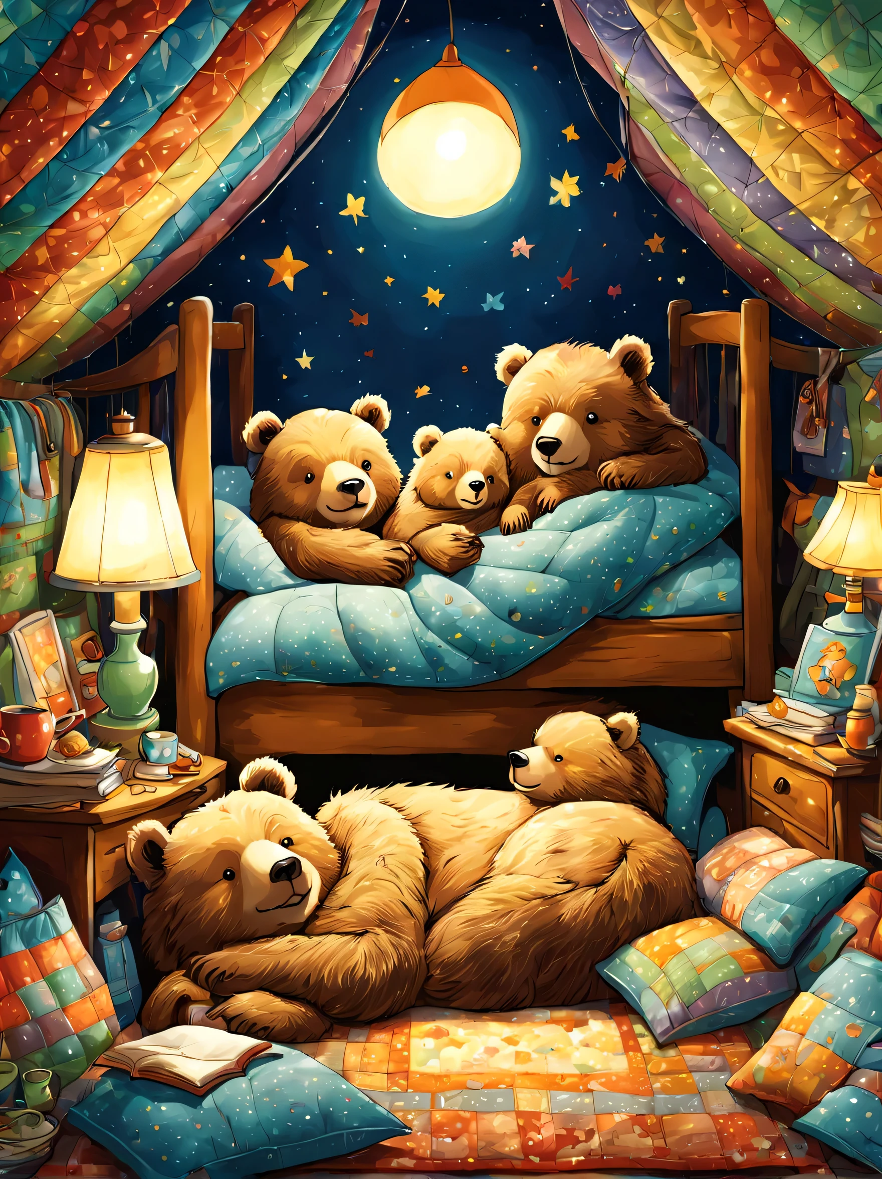 cuteAn illustration,underground:endures:In the hole,bear family:animal:hibernating:cute:nestle:sleep:comfortable and warm:looks happy,An illustration,pop,colorfulに,draw with thick lines,color,dim,lamp light,hibernatingのbear familyが眠っています:dream a happy dream,The nest is warm and full of happiness,,colorful,fancy,fantasy,Patchwork:comforter,Detailed details,fluffy,randolph caldecott style