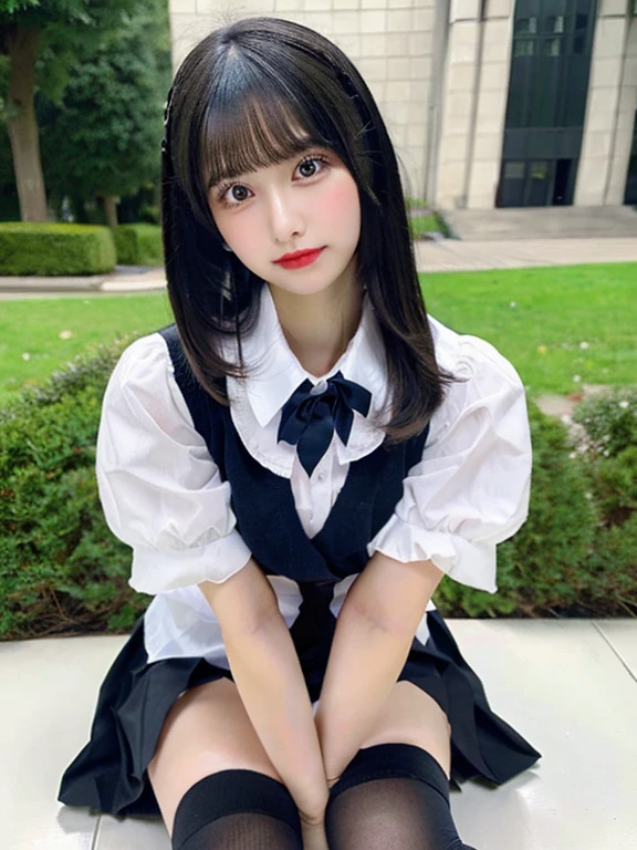 ((masterpiece)), (realistic: 1.2) masterpiece, 最high quality, high quality,white skin, 最high quality, ultra detail,Mature,beautiful, black hair, long hair, With bangs,school uniform,big breasts ,knee socks,10th generation,Bewitching,foot,full body pose, very detailed,High resolution, parted lips
