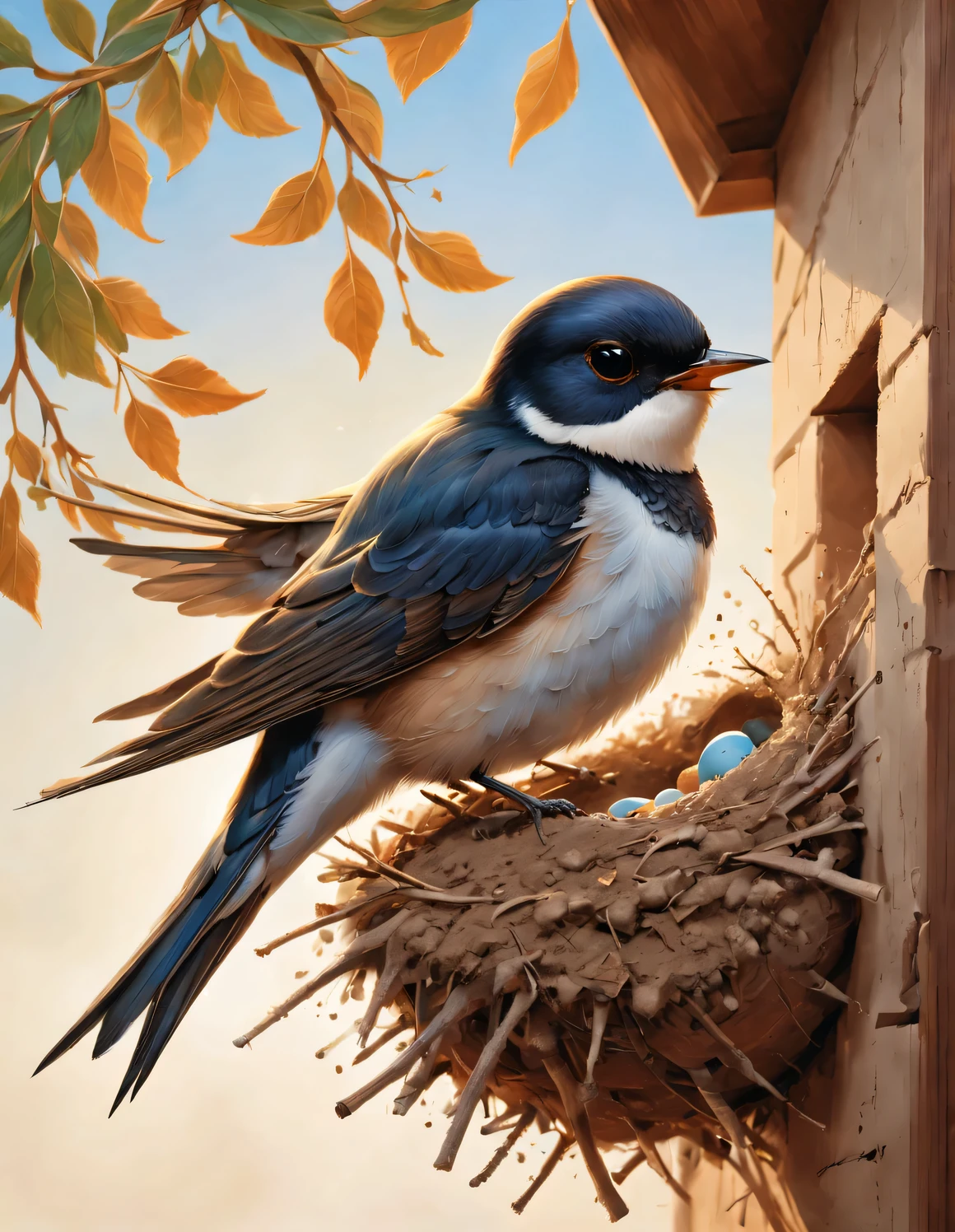 Gouache style, Beautiful detailed ,(Little swallows fly and build nests),The little swallow is busy picking up mud,The little mouth keeps opening and closing,The mud chunks picked up each time are not big..,Carefully place the mud blocks under the eaves,in the sun,The feathers of the little swallow shine with blue-black luster,Each piece is like a carefully polished gem,Exudes a charming light,
Nests are often found in human dwellings.,in the gaps between bridges and other buildings,Sometimes they also build nests in tree holes。The nest is mainly made of a mixture of mud and saliva,cup or disk,There are multiple chambers inside,Used for hatching eggs。The nest has a rough appearance,Color is gray or brown,It's smoother inside,The color is slightly lighter,background:White painted mud house