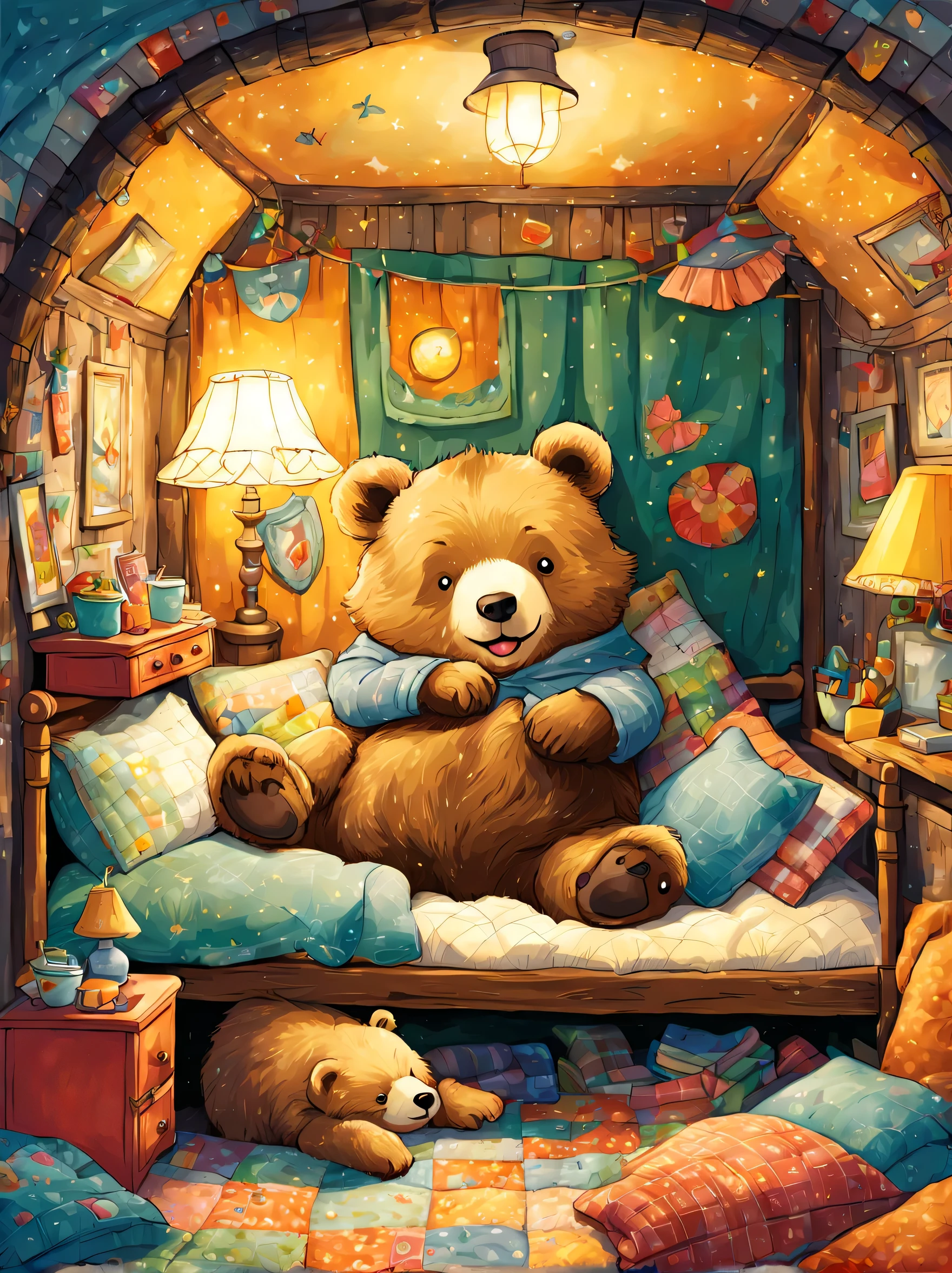 cuteAn illustration,underground:endures:In the hole,bear family:animal:hibernating:cute:nestle:sleep:comfortable and warm:looks happy,An illustration,pop,colorfulに,draw with thick lines,color,dim,lamp light,hibernatingのbear familyが眠っています:dream a happy dream,The nest is warm and full of happiness,,colorful,fancy,fantasy,Patchwork:comforter,Detailed details,fluffy,randolph caldecott style