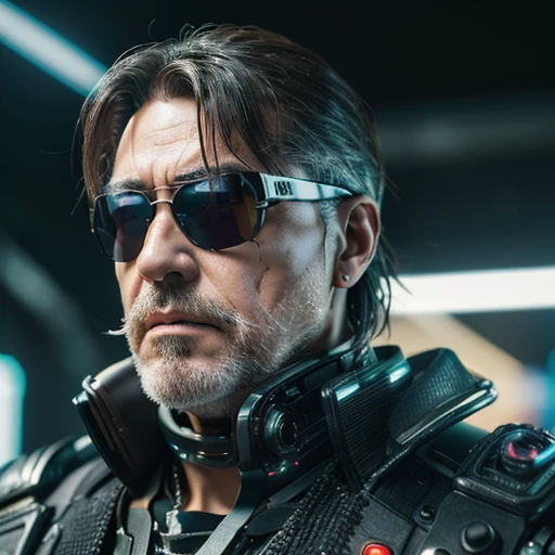 ((masterpiece, highest quality, hires, amazing detail, 8k)), portait, closeup shot of middle aged man, wearing highly damaged battlesuit, perfect facial hair, cybernetic implants, mirrorshades, in the artstyle of shirow masamune, ghost in the shell, cyberpunk background, dynamic colours