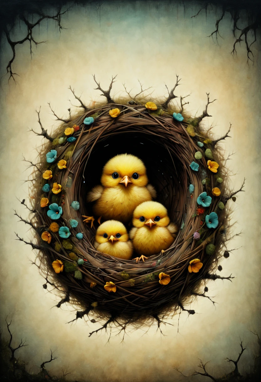 bird Nest, chicks, inspired by Andy Kehoe, best quality, masterpiece, 8k