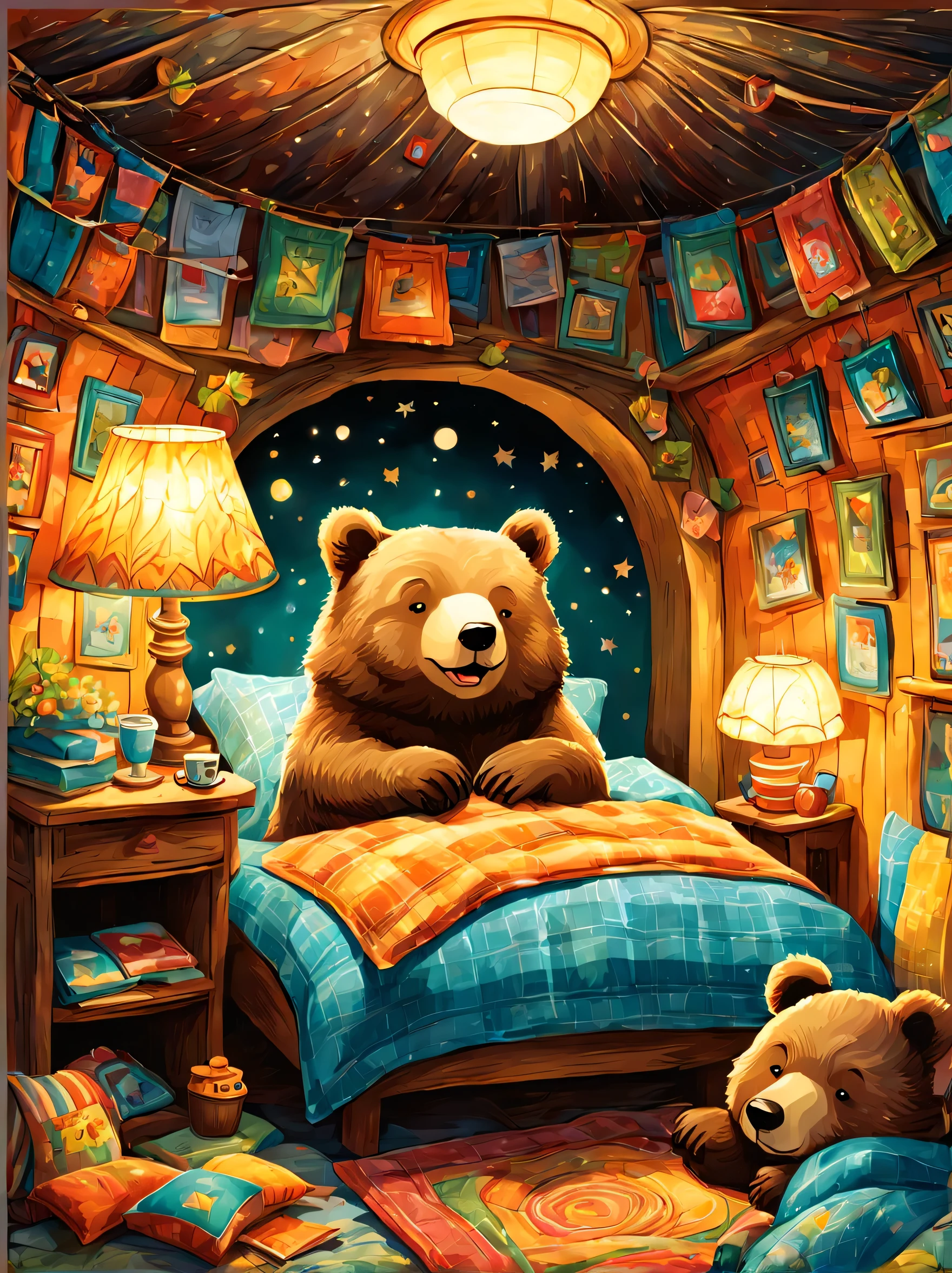 cuteAn illustration,underground:endures:In the hole,bear family:animal:hibernating:cute:nestle:sleep:comfortable and warm:looks happy,An illustration,pop,colorfulに,draw with thick lines,color,dim,lamp light,hibernatingのbear familyが眠っています:dream a happy dream,The nest is warm and full of happiness,,colorful,fancy,fantasy,Patchwork:comforter,Detailed details,fluffy,randolph caldecott style