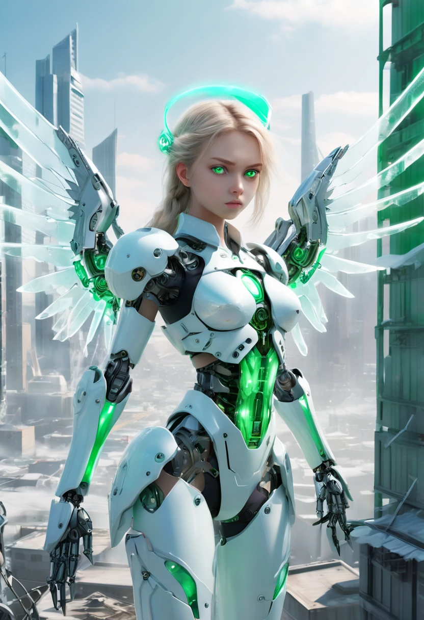 Battle angel girl, Mechanical wings, Ice sword, Above the city, Green eyes, Translucent ethereal mechanical girl, Futuristic girl, Mechanical joints, Mecha-girl, Futuristic urban background