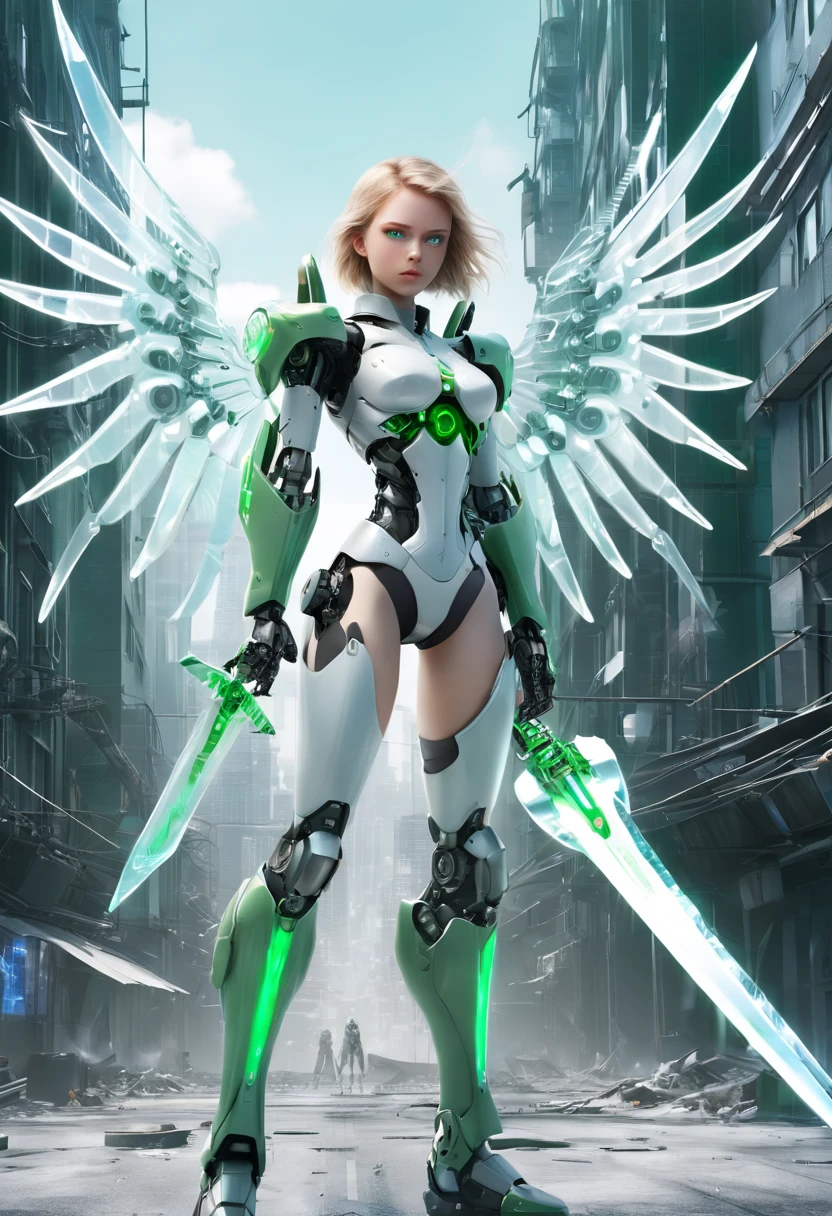 Battle angel girl, Mechanical wings, Ice sword, Above the city, Green eyes, Translucent ethereal mechanical girl, Futuristic girl, Mechanical joints, Mecha-girl, Futuristic urban background