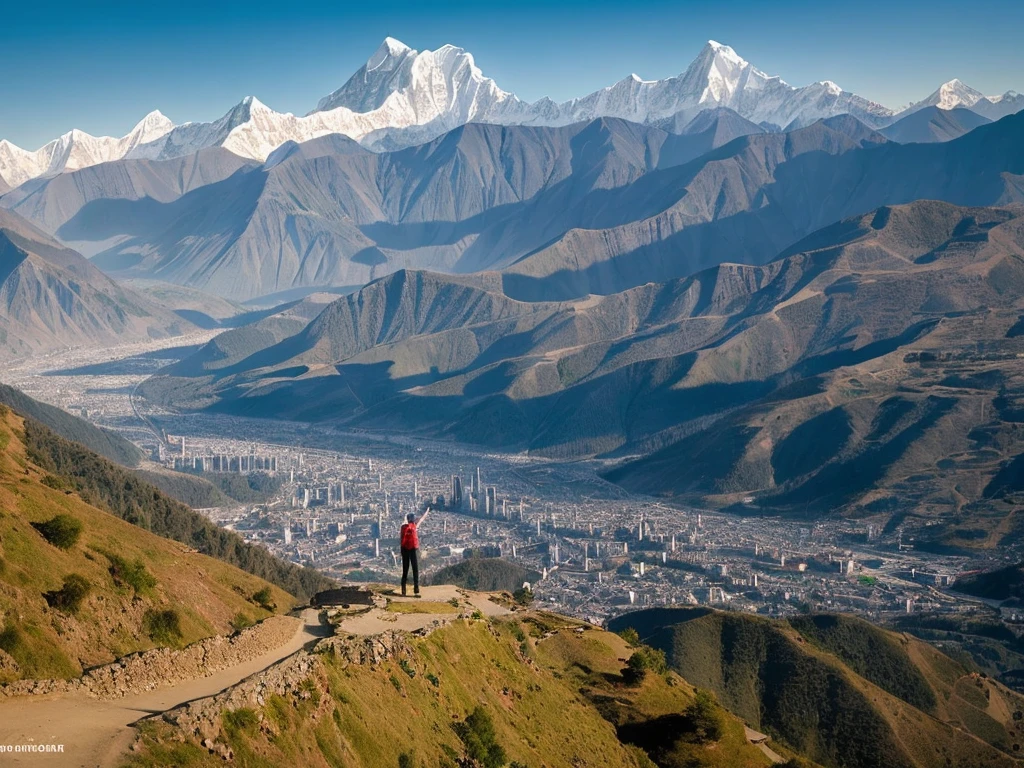 A person in top of hill surrounded by Himalayas and sun rises and morning with friends with map of Nepal and in down hill there was a city with big rivers and bridges and car airport and helicopter