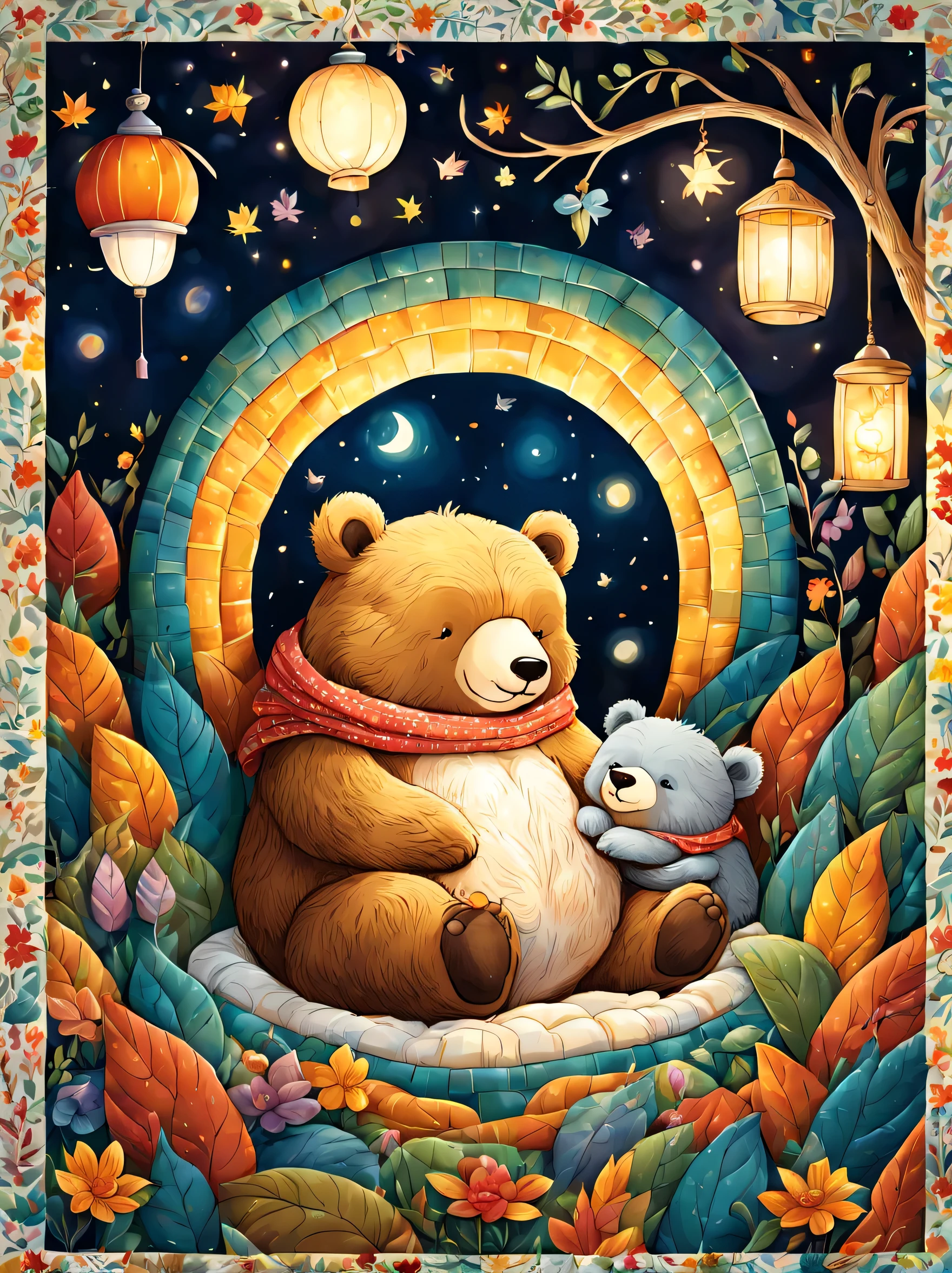 cuteAn illustration,underground:endures:In the hole,bear family:animal:hibernating:cute:nestle:sleep:comfortable and warm:looks happy,An illustration,pop,colorfulに,draw with thick lines,color,dim,lamp light,hibernatingのbear familyが眠っています:dream a happy dream,The nest is warm and full of happiness,,colorful,fancy,fantasy,Patchwork:comforter,Detailed details,fluffy,randolph caldecott style