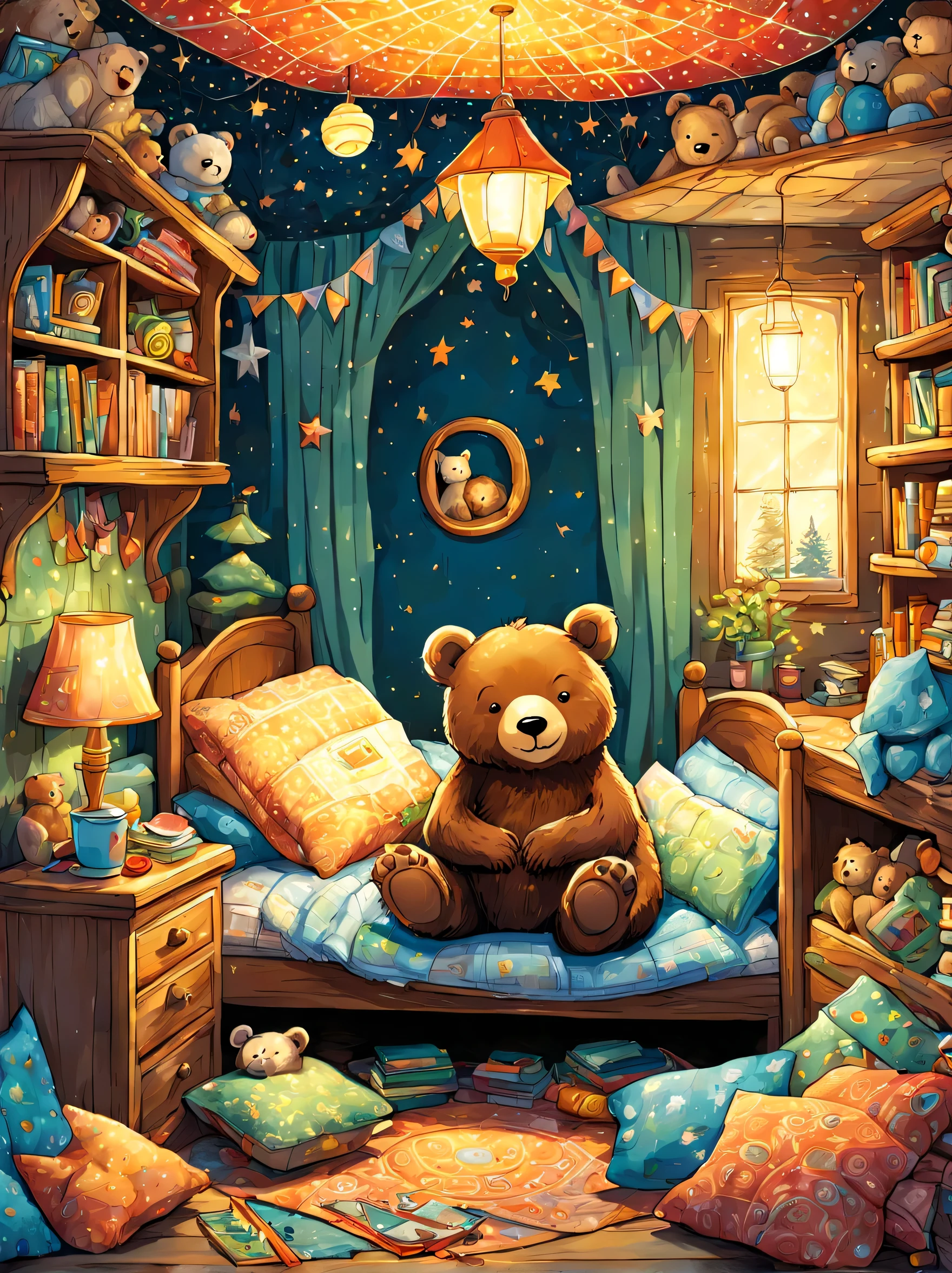 cuteAn illustration,underground:endures:In the hole,bear family:animal:hibernating:cute:nestle:sleep:comfortable and warm:looks happy,An illustration,pop,colorfulに,draw with thick lines,color,dim,lamp light,hibernatingのbear familyが眠っています:dream a happy dream,The nest is warm and full of happiness,,colorful,fancy,fantasy,Patchwork:comforter,Detailed details,fluffy,randolph caldecott style