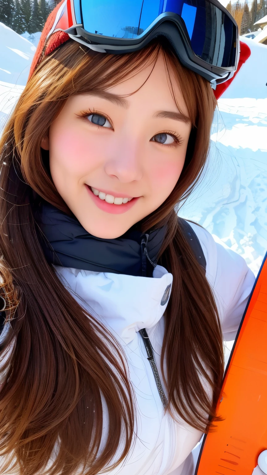 realistic, 1 girl, shining eyes, smile、brown hair、Ultra high definition、20-year-old、Ski resort、snow、ski wear、big breasts、goggles、beautiful eyes