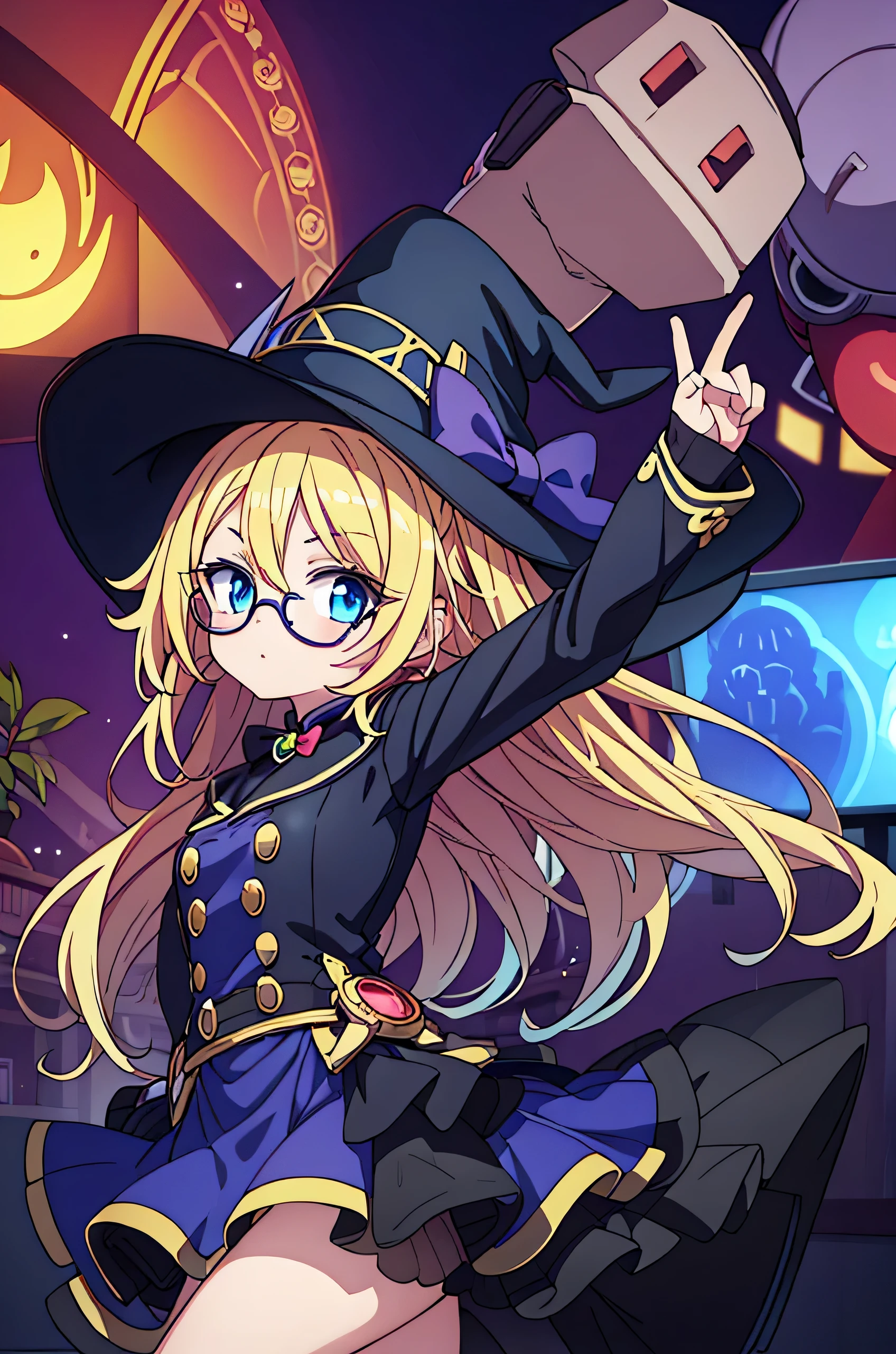 Young anime girl, long blonde hair, blue eyes, nerd, round glasses, witch outfit, Very happy, One hand on top of head making gesture, Peace, V, hand with 5 fingers posters, computer, gaming PC, video game controller, Mech Robot Toy