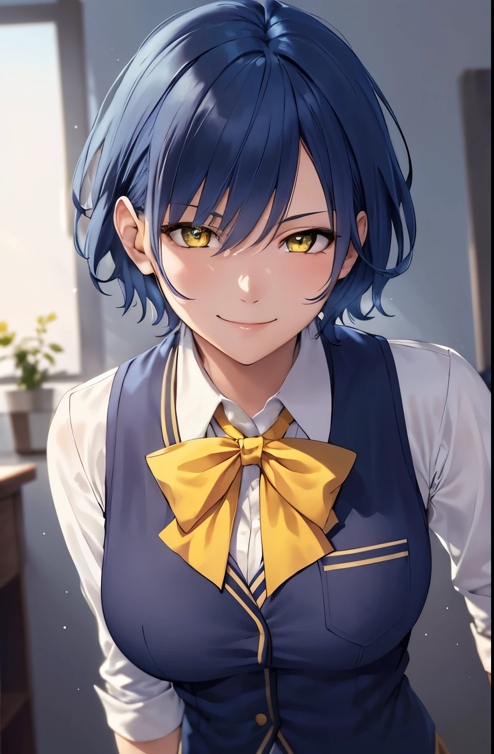 masterpiece, best quality, short hair, blue hair, yellow eyes, indoors, medium breasts, school uniform, bowtie, black vest, smile,