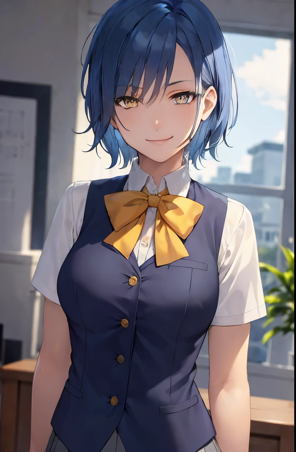 masterpiece, best quality, short hair, blue hair, yellow eyes, indoors, medium breasts, school uniform, bowtie, black vest, smile,