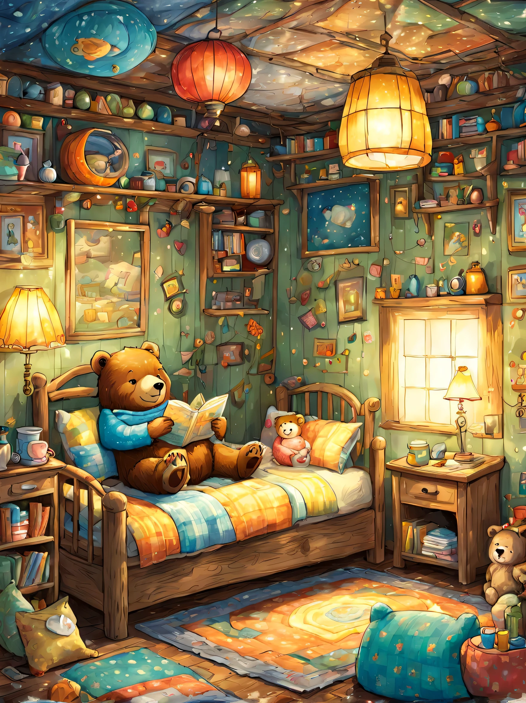 cuteAn illustration,underground:endures:In the hole,bear family:animal:hibernating:cute:nestle:sleep:comfortable and warm:looks happy,An illustration,pop,colorfulに,draw with thick lines,color,dim,lamp light,hibernatingのbear familyが眠っています:dream a happy dream,The nest is warm and full of happiness,,colorful,fancy,fantasy,Patchwork:comforter,Detailed details,fluffy,randolph caldecott style